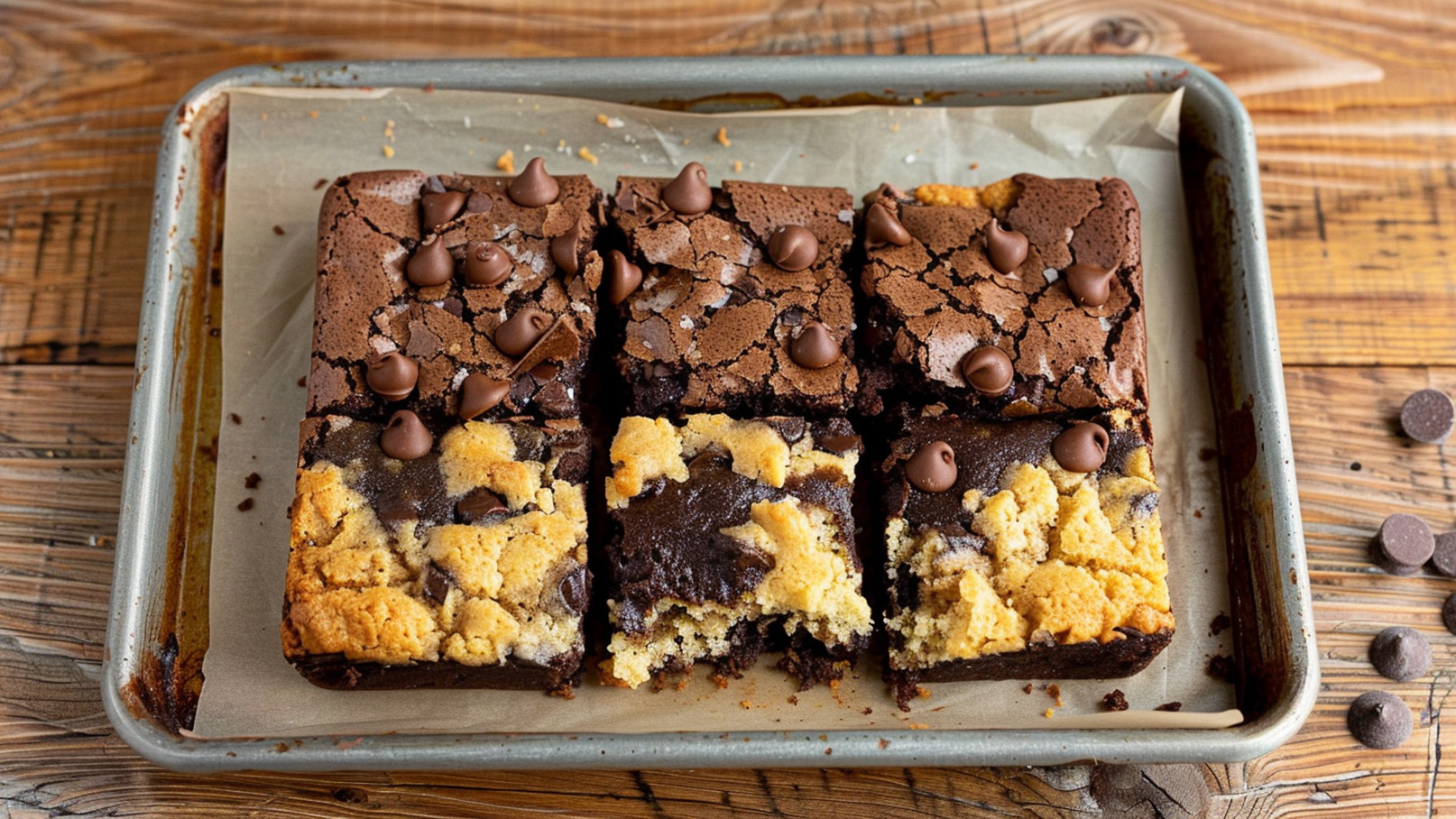 Ein rechteckiges Backblech mit zwei Schichten: oben eine schokoladige, krümelige Schicht und darunter eine helle, cookie-ähnliche Schicht. Die Oberfläche ist mit geschmolzenen Schokoladenstückchen verziert. Einige Stücke sind bereits herausgeschnitten und es sind Krümel sichtbar.