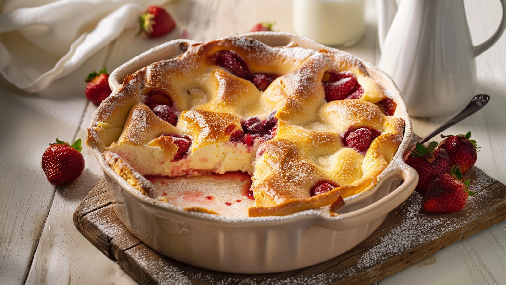 Ein frisch gebackener Auflauf mit einer goldbraunen Oberfläche, verziert mit Puderzucker und gefüllt mit saftigen Erdbeeren. Der Auflauf ist in einer hellen, runden Backform angerichtet und steht auf einem rustikalen Holzbrett neben frischen Erdbeeren.