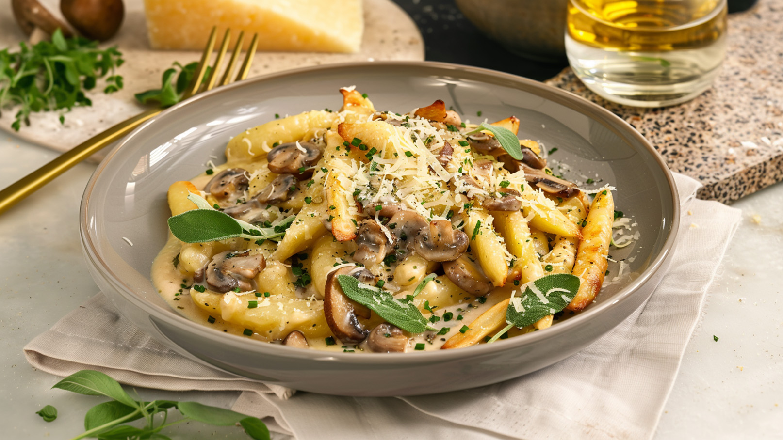 Ein grauer Teller mit cremigen Pasta, garniert mit gebratenen Champignons, gehacktem Schnittlauch und frisch geriebenem Käse. Einige Salbeiblätter und Kräuter verleihen dem Gericht eine frische Note. Im Hintergrund sind ein Stück Parmesan und eine Flasche Olivenöl zu erkennen.