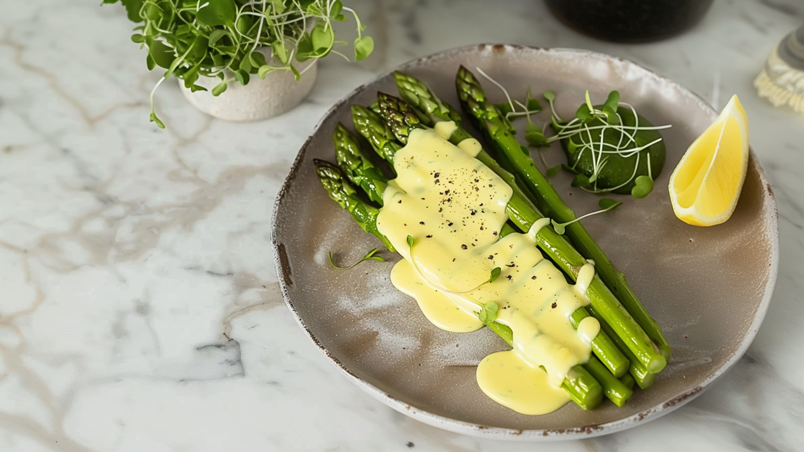 Ein Teller mit grünem Spargel, der mit einer cremigen Sauce überzogen ist. Neben dem Spargel liegen einige frische Kräuter und eine Scheibe Zitrone. Der gesamte Teller ist auf einer hellen Marmoroberfläche platziert.