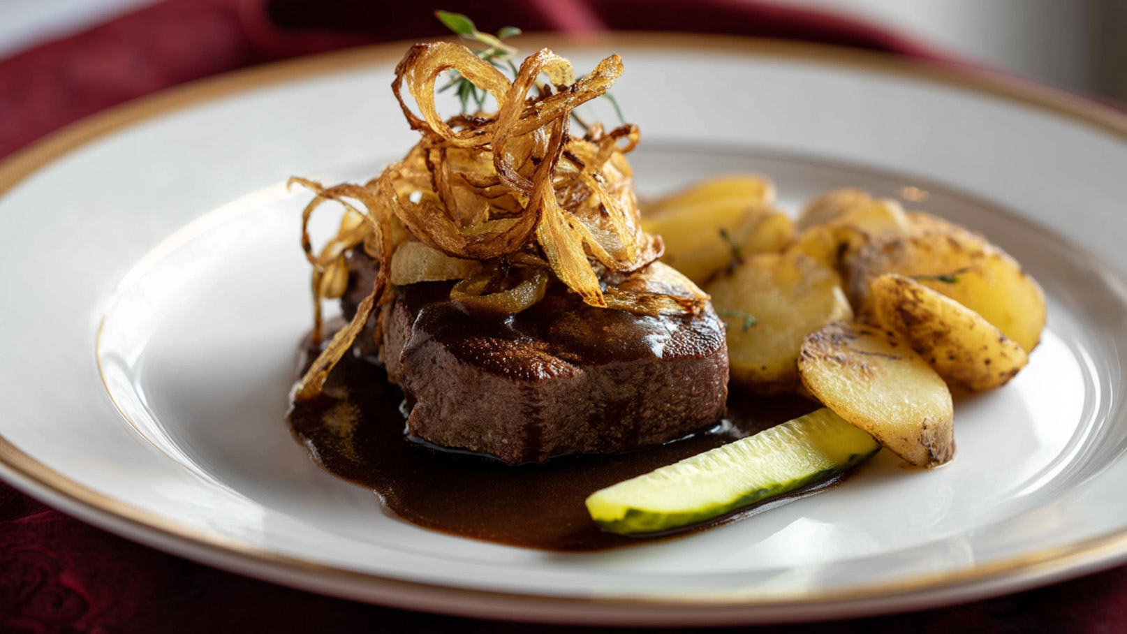 Ein Teller mit einem saftigen Stück Rindersteak, garniert mit knusprigen Zwiebelringen. Daneben liegen goldene Bratkartoffeln und ein Stück Gurke. Die Sauce ist dunkel und glänzend. Der Hintergrund ist dunkelrot.
