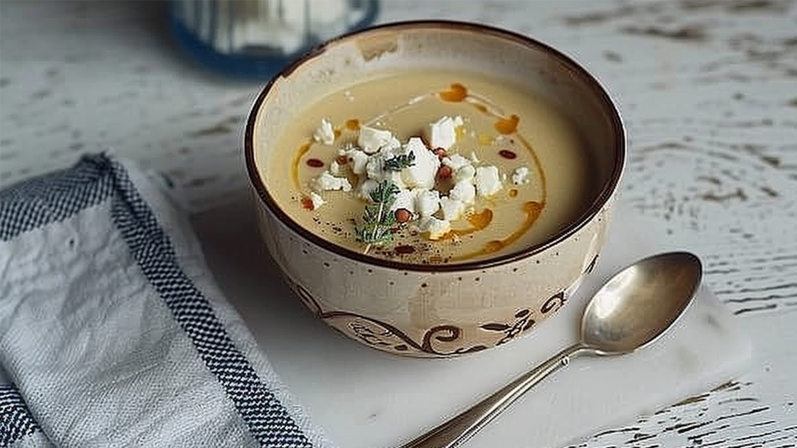 Eine keramische Schüssel mit cremiger Suppe, garniert mit Feta, Kräutern und Tropfen von Olivenöl. Die Schüssel steht auf einem Holzuntergrund, daneben liegt ein silberner Löffel auf einem weißen Untersetzer. Ein Geschirrtuch mit kariertem Muster ist ebenfalls sichtbar.