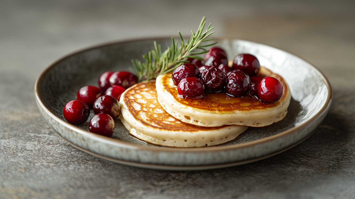 Ein Teller mit zwei geschichteten Pfannkuchen, garniert mit glänzenden roten Beeren und einem Zweig Rosmarin. Die Pfannkuchen sind mit Sirup überzogen, und die Beeren liegen daneben, was eine ansprechende und köstliche Anrichtung ergibt.