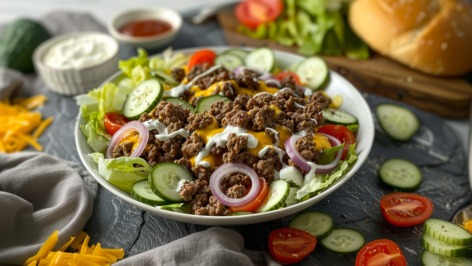 Ein Teller frisch zubereiteter Salat mit gehacktem Rinderfleisch, Käse, Joghurtsoße, Tomaten, Gurken und Zwiebeln. Der Salat ist üppig angerichtet auf einem grauen Untergrund, umgeben von weiteren Zutaten wie einem Hamburgerbrötchen und Soßen.