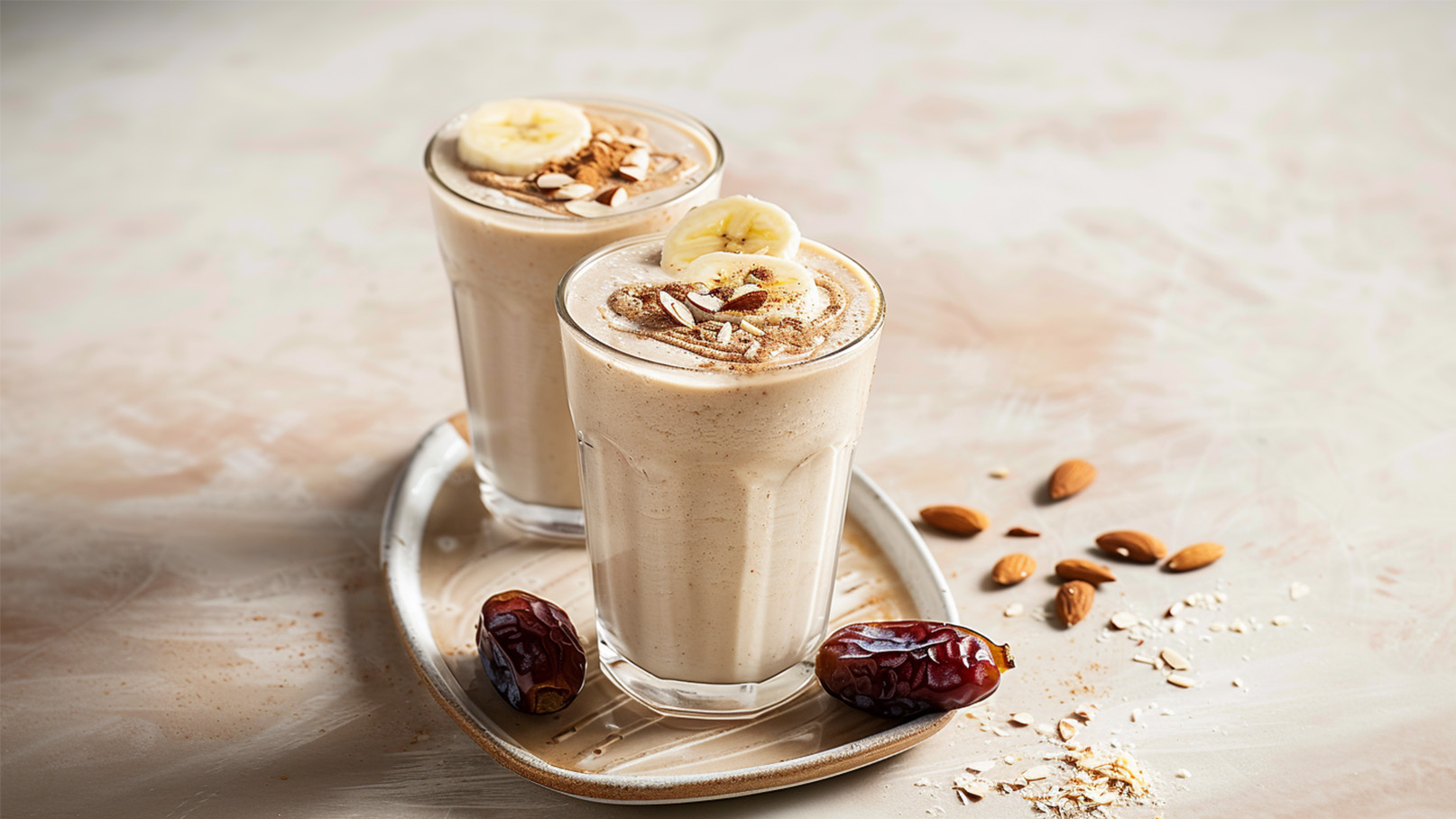 Zwei Gläser cremiger Banane-Dattel-Smoothie, garniert mit Bananenscheiben, Nüssen und Haferflocken, stehen auf einem Teller. Neben den Gläsern liegen einige Datteln und Mandeln auf einer hellen, neutralen Oberfläche.