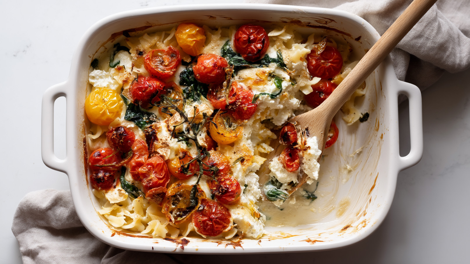 Auf dem Bild ist ein Auflauf mit gefüllten Pasta, frischen, gerösteten Tomaten und Spinat zu sehen. Die goldene Käseschicht ist leicht gebräunt und darüber liegt ein Holzlöffel. Der Auflauf befindet sich in einer weißen, rechteckigen Auflaufform.