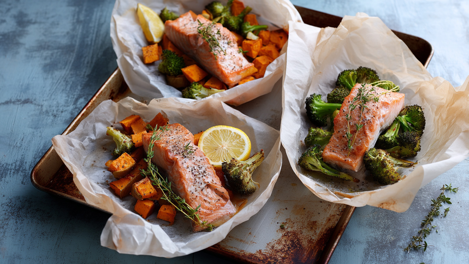 Drei Portionen gebratener Lachs liegen auf Backpapier, umgeben von gebratenem Brokkoli und Süßkartoffelwürfeln. Eine Zitronenscheibe und frische Kräuter zieren die Gerichte, die auf einem rustikalen Blech serviert sind.