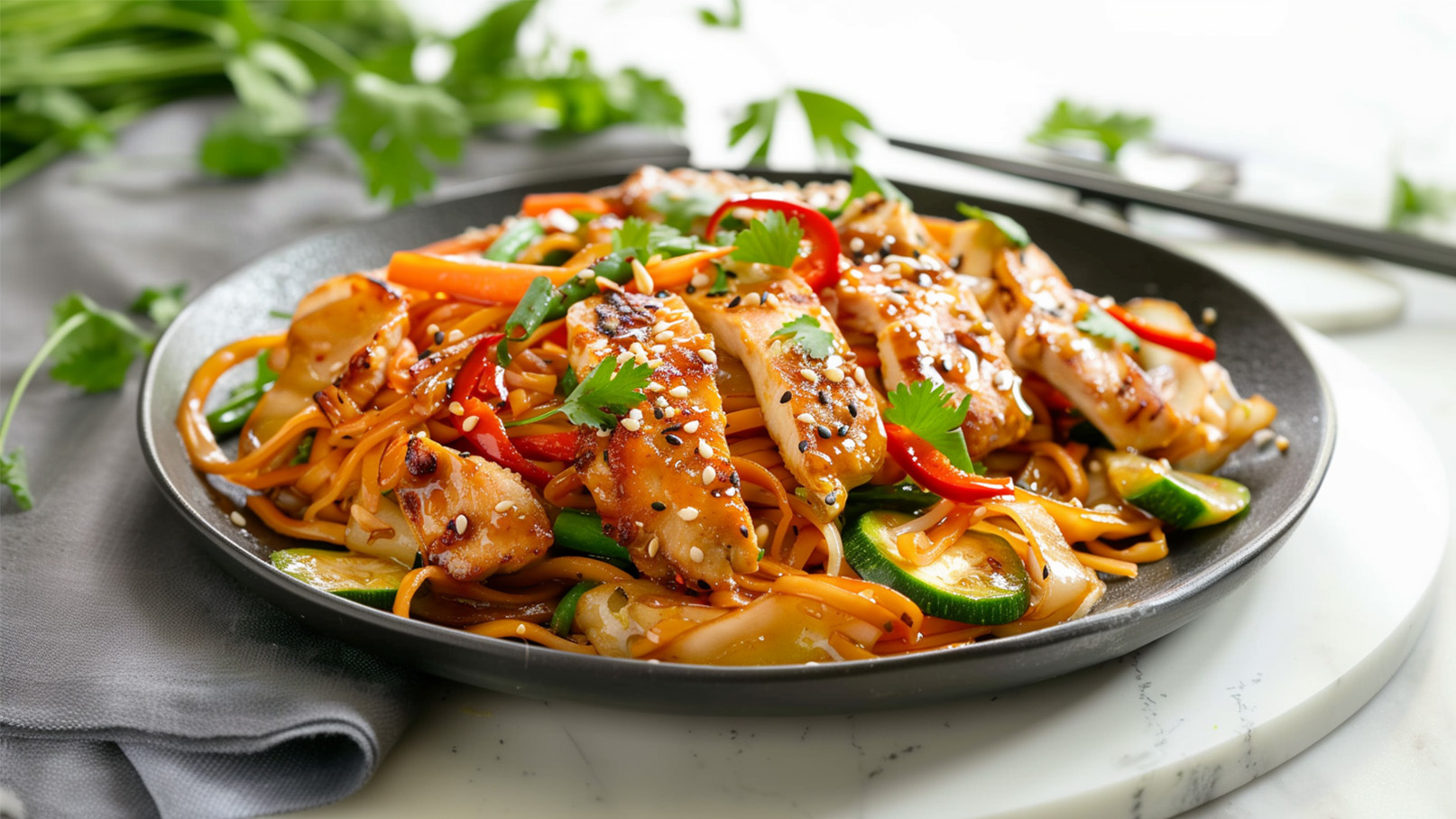 Ein schwarzer Teller mit gebratenen Nudeln, Hühnchenstücken, buntem Gemüse (Paprika, Zucchini) und frischem Koriander. Die Nudeln sind mit Sesam und einer glänzenden Sauce garniert. Ein saftiges und ansprechendes Gericht, das appetitlich aussieht.