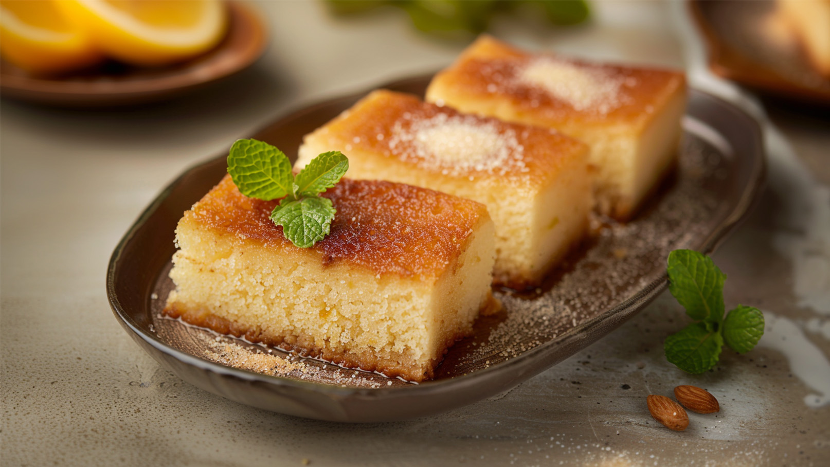 Ein Teller mit drei Stückchen saftigem Kuchen, garniert mit einem frischen Minzblatt und etwas Zucker. Der Kuchen hat eine goldene, karamellisierte Oberfläche und liegt in einer dünnen Zuckerglasur. Im Hintergrund sind halbierte Zitronen sichtbar.