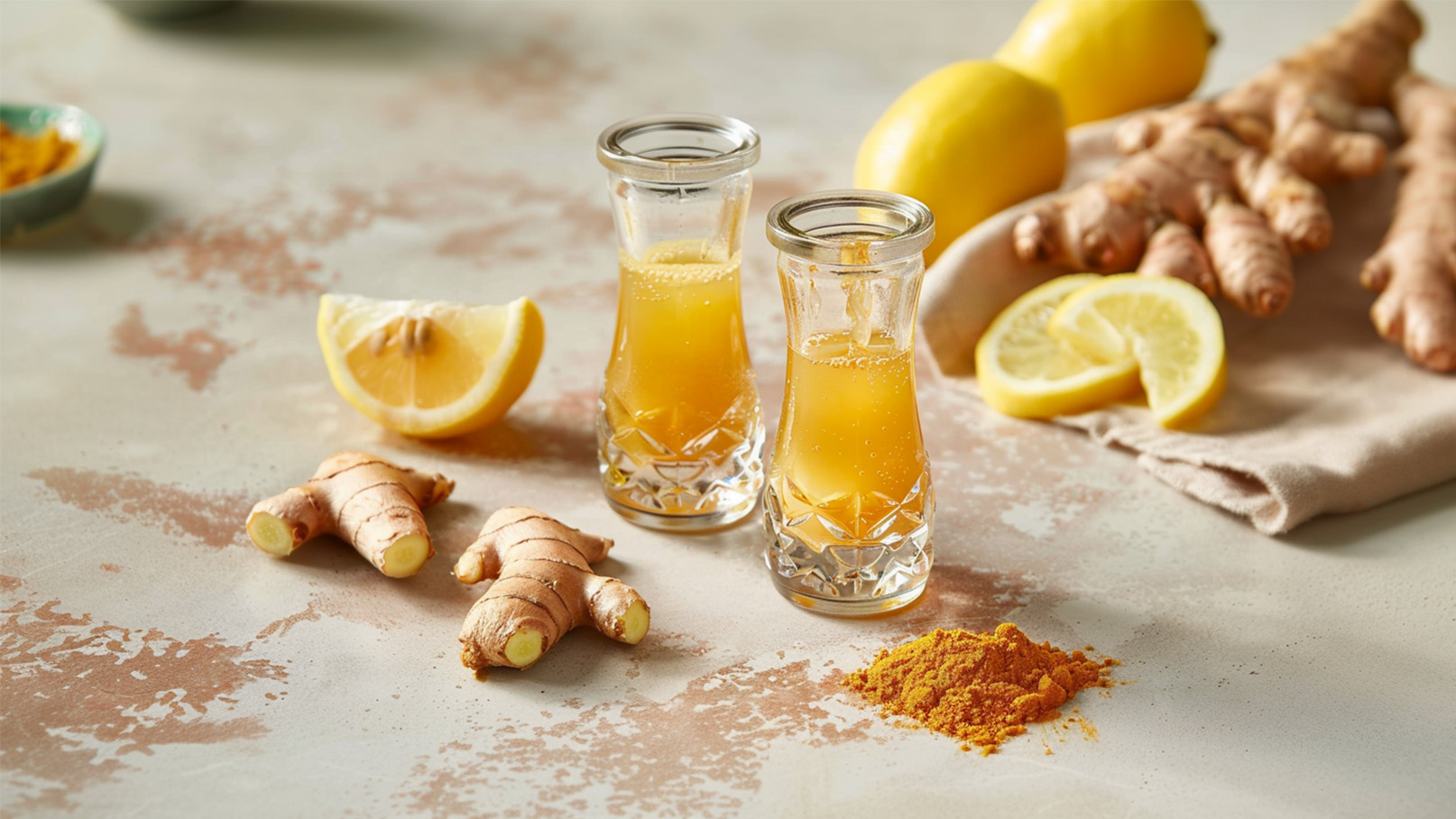 Zwei kleine Gläser mit goldenem Ingwersaft stehen auf einem Tisch. Neben ihnen liegen frische Ingwerstückchen und eine halbierte Zitrone. Im Hintergrund sind weitere Zitronen und Ingwer sichtbar. Eine Prise Kurkuma ist ebenfalls vorhanden. Die Szene suggeriert Gesundheit und Frische.