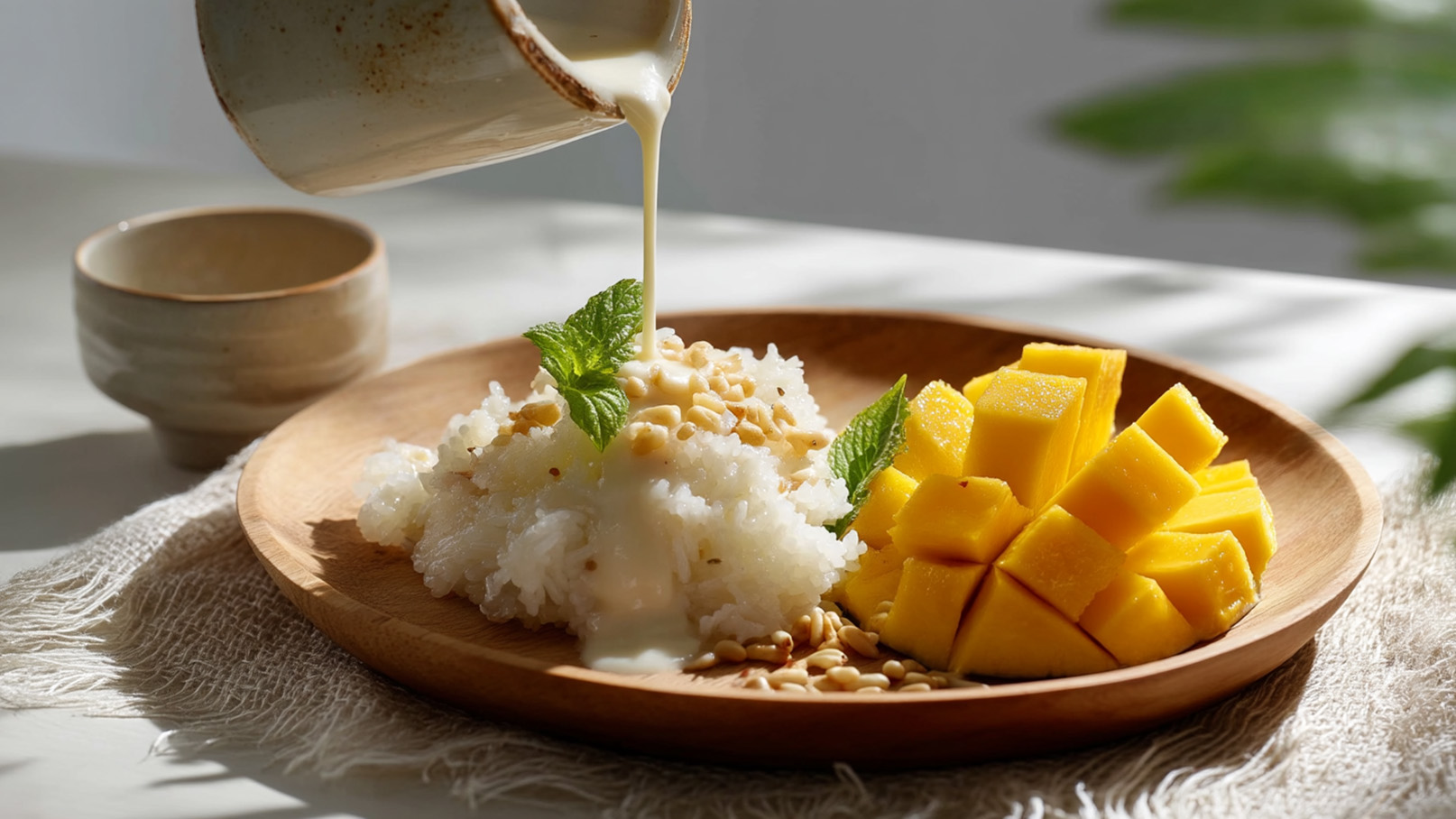 Eine Holzplatte zeigt eine Portion Klebreis mit Kernen und frischer Minze, über die eine cremige Soße gegossen wird. Daneben liegen geviertelte Stücke einer reifen Mango. Das Gericht ist dekorativ angerichtet und wirkt appetitlich.