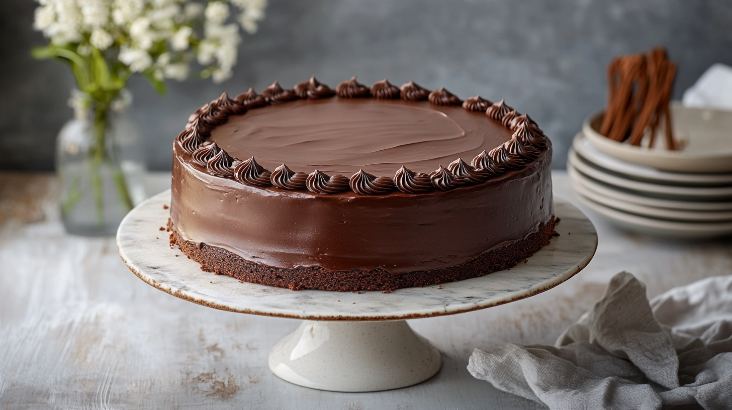 Ein eleganter Schokoladenkuchen mit glatter, glänzender Glasur und einem dekorativen Rand aus Schokoladencreme. Der Kuchen steht auf einem Marmoruntersetzer und vermittelt einen köstlichen, einladenden Eindruck.