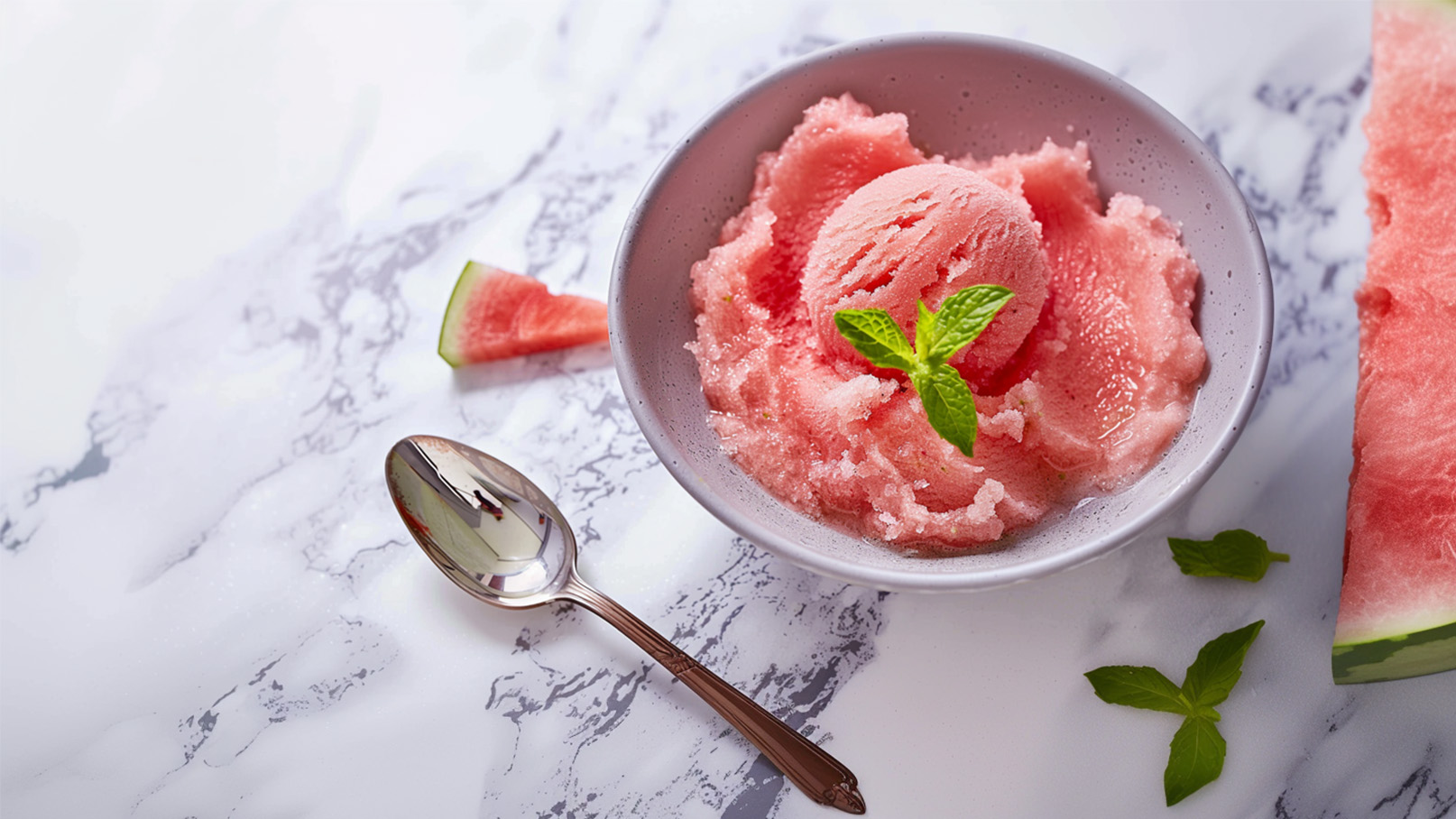 Eine Schüssel mit Meloneneis, garniert mit einem Minzblatt, liegt auf einer marmorierten Oberfläche. Neben der Schüssel befindet sich ein silberner Löffel und ein Stück Wassermelone. Das Eis hat eine zarte rosa Farbe.