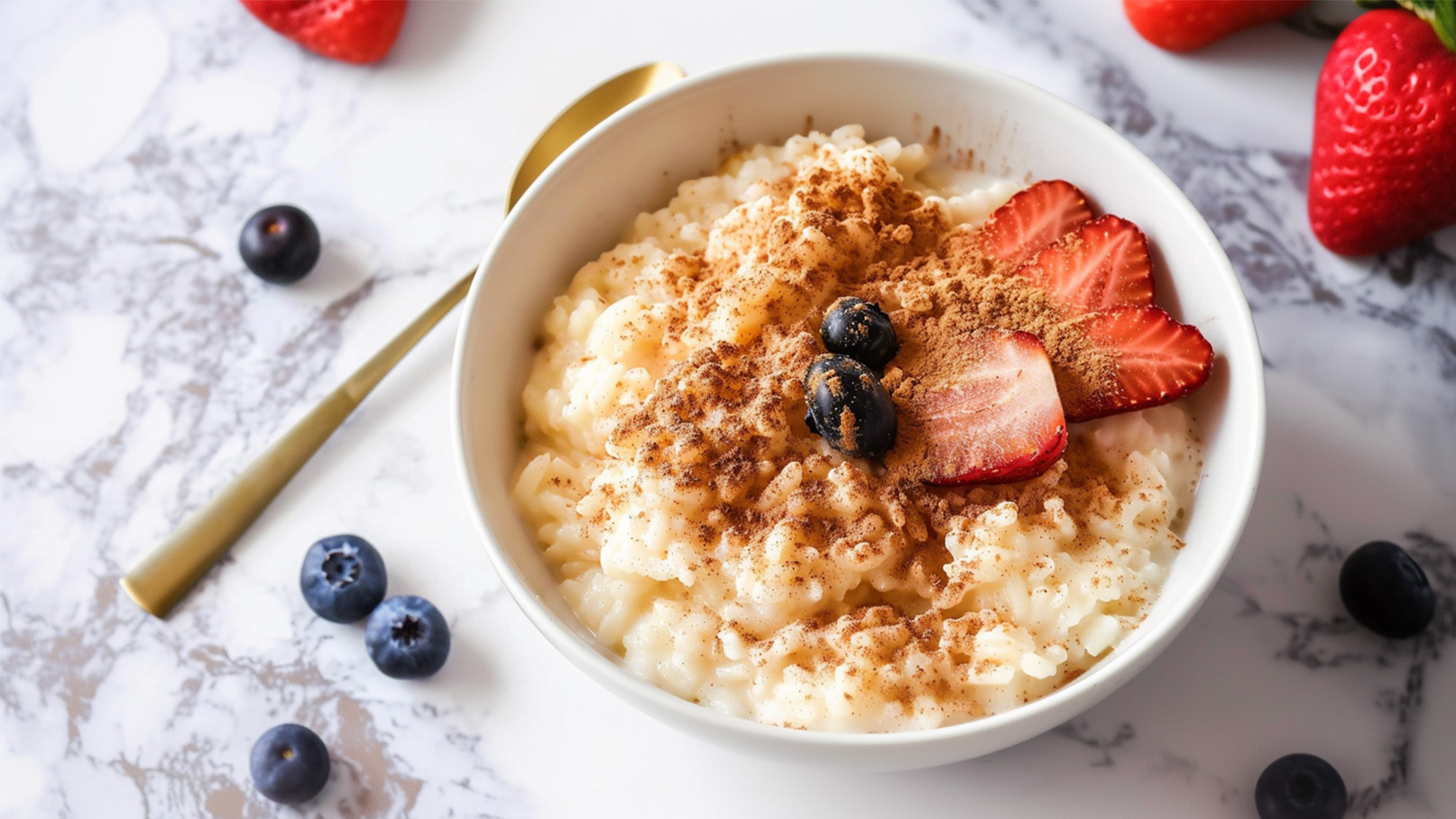 Eine Schale mit cremigem Milchreis, garniert mit Kakaopulver, frischen Erdbeeren und Heidelbeeren. Ein goldener Löffel liegt neben der Schale auf einer marmorierten Tischoberfläche.