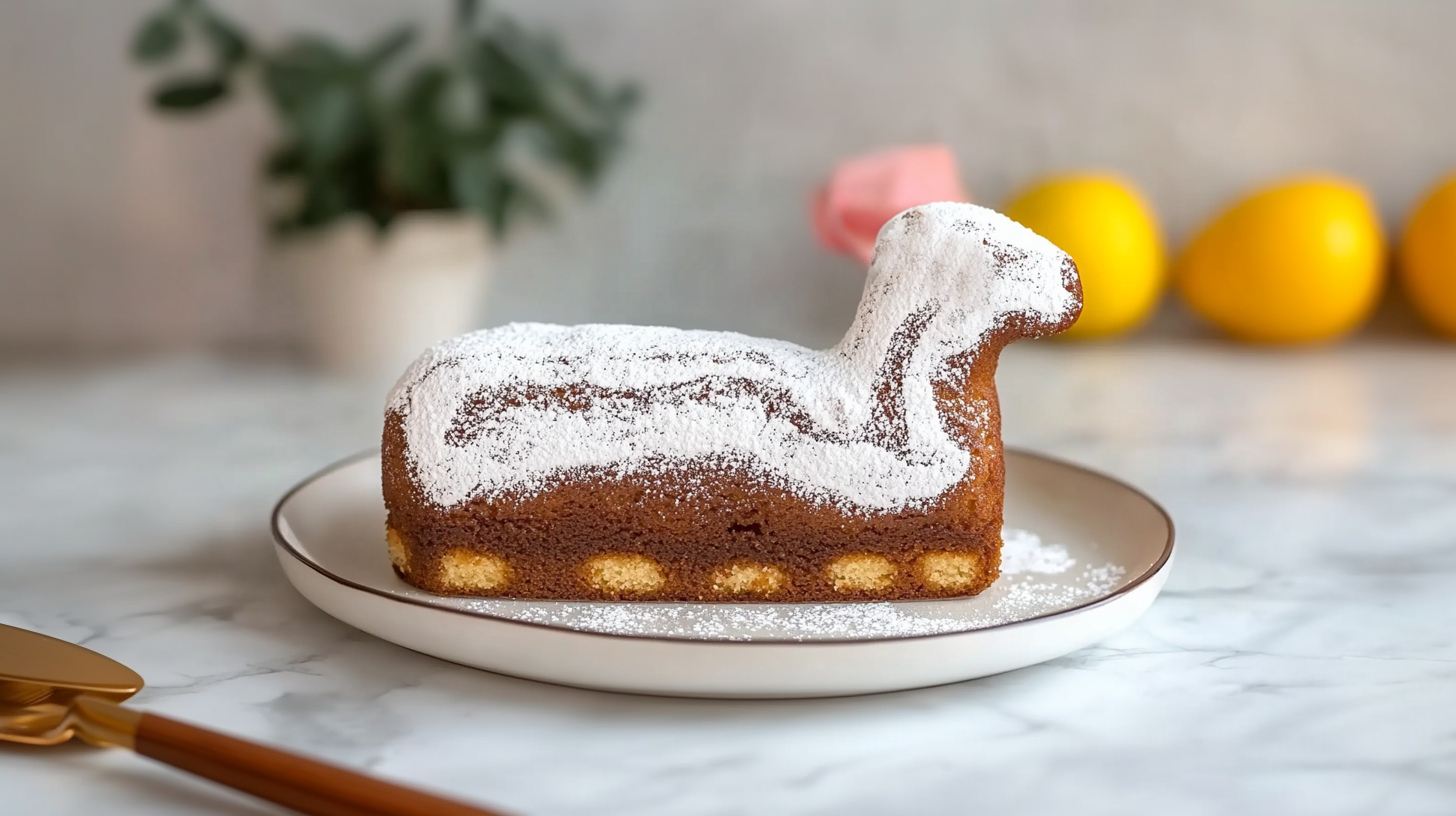 Auf einem weißen Teller liegt ein Kuchen in Form eines Lammkopfes, bestreut mit Puderzucker. Der Kuchen hat eine braune Farbe und eine leicht strukturierte Oberfläche. Im Hintergrund sind unscharf Zitrusfrüchte und eine Pflanze sichtbar.