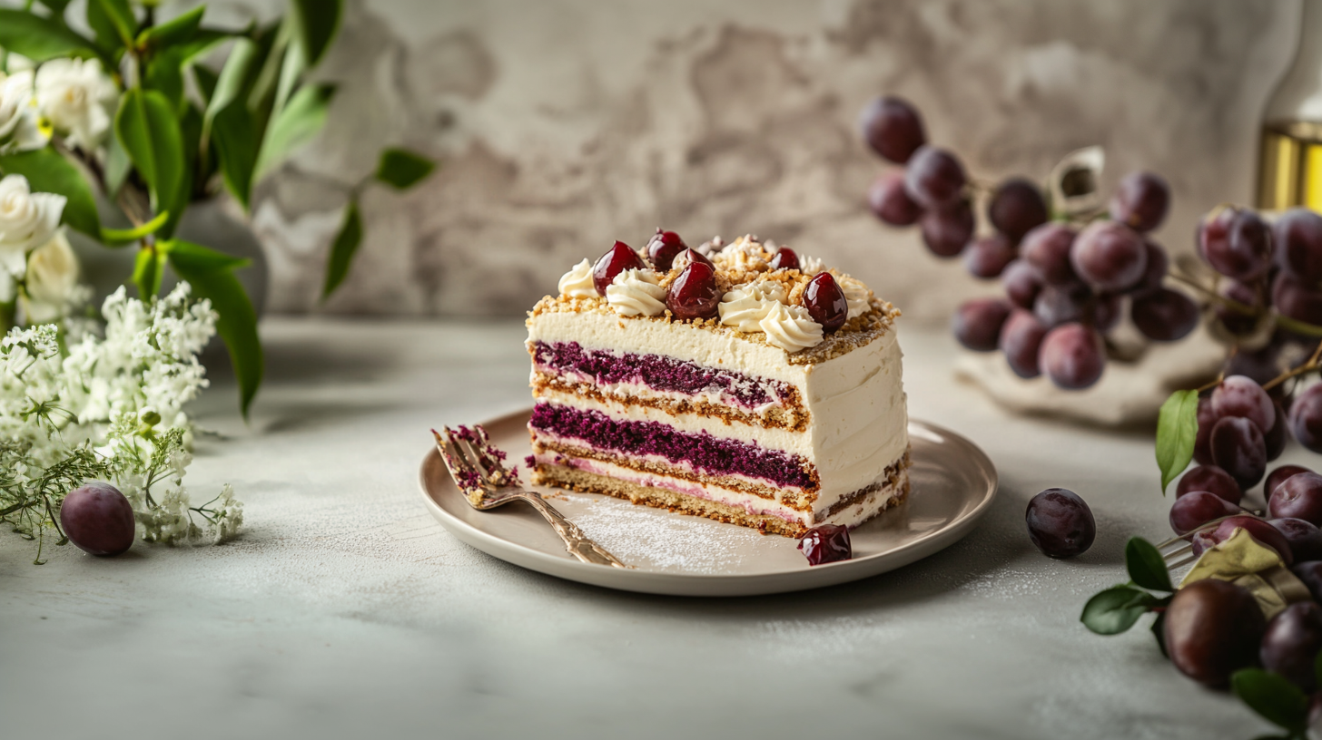 Auf dem Bild ist ein Stück Kuchen auf einem Teller zu sehen. Der Kuchen hat mehrere Schichten mit lila Füllung und ist mit Sahne und Kirschen dekoriert. Daneben befinden sich einige Trauben und Blumenarrangements im Hintergrund.