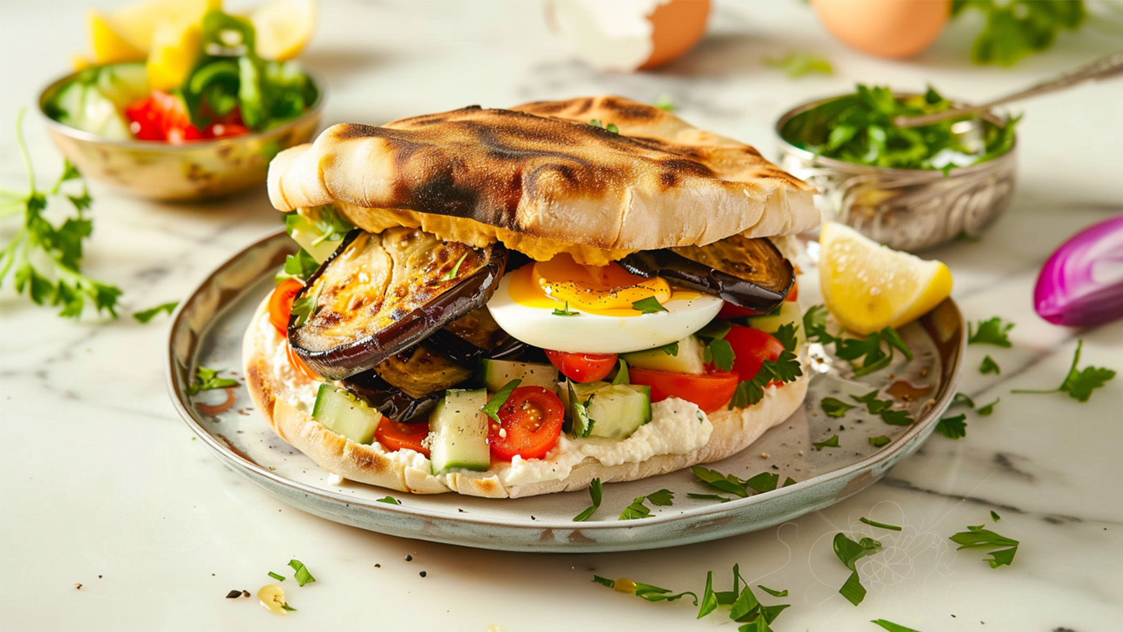 Ein frisch zubereiteter Sandwich auf einem Teller, gefüllt mit gegrillten Auberginen, einem weichgekochten Ei, Gurken, Tomaten und frischem Koriander, alles zwischen zwei pitabrotähnlichen Brotscheiben. Es liegt eine Zitronenscheibe daneben, und einige Kräuter sind im Hintergrund zu sehen.