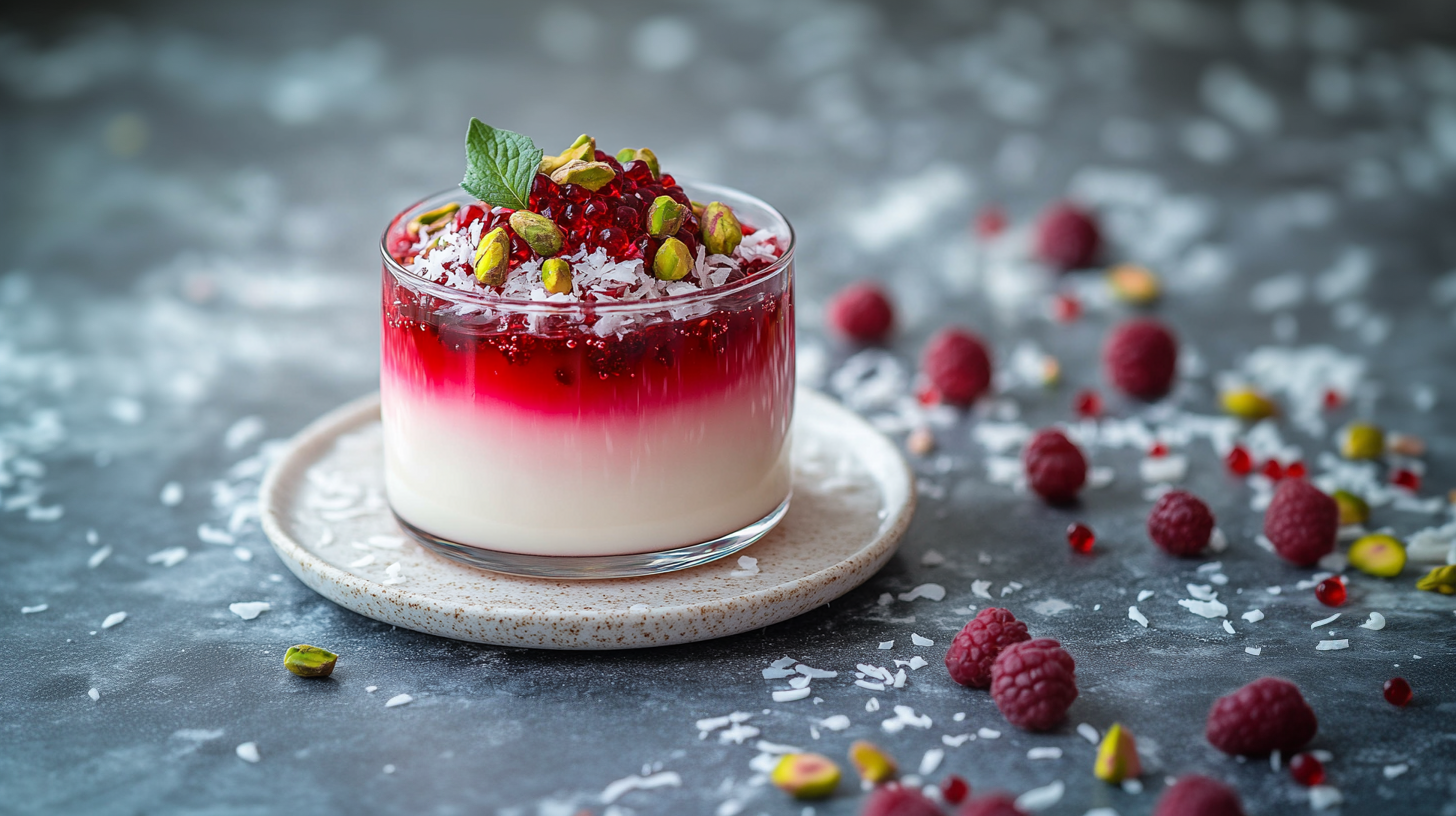 Ein Dessert in einem Glas, bestehend aus einer Schicht cremiger, weißer Masse und einer leuchtend roten Schicht, garniert mit frischen Himbeeren, gehackten Pistazien und einer Prise Kokosraspeln. Das Glas steht auf einem kleinen Teller und wird von weiteren Himbeeren umgeben.