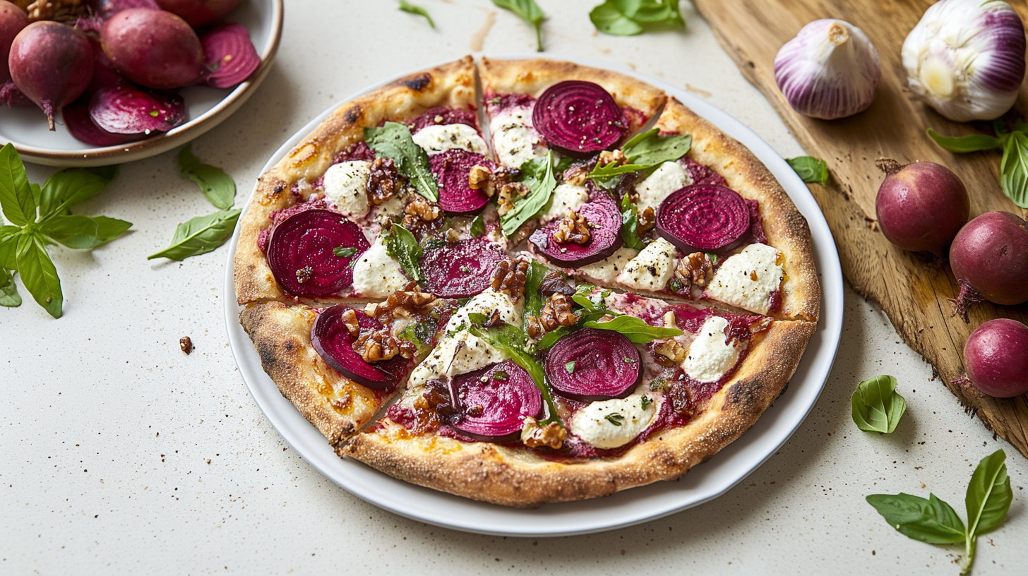 Eine frisch gebackene Pizza liegt auf einem weißen Teller. Sie ist mit roten Rüben, cremigem Käse, Walnüssen und frischen Basilikumblättern belegt. Um die Pizza herum sind einige frische Rüben und Knoblauchzehen sichtbar, die eine rustikale Küchenszene schaffen.