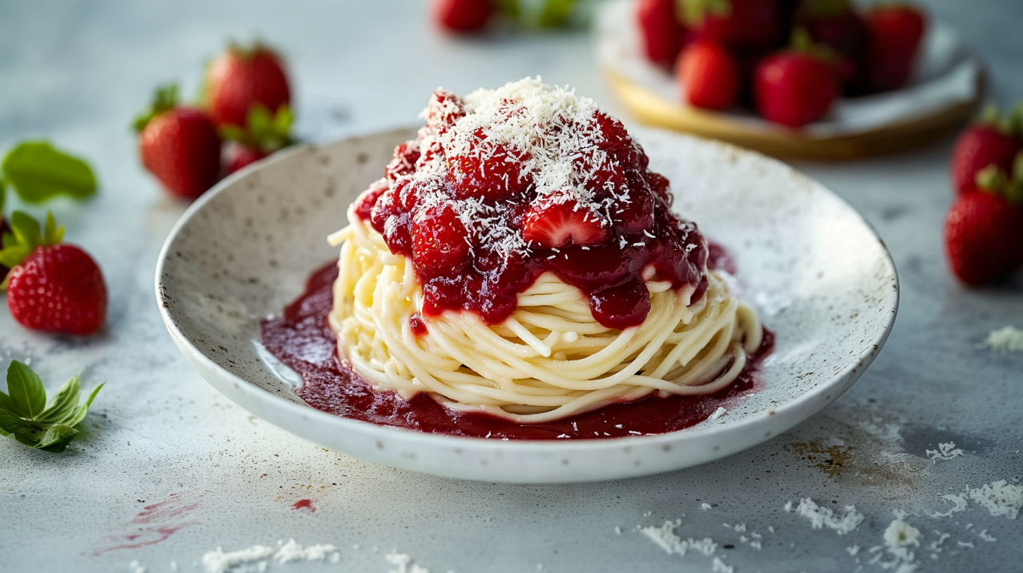 Ein Teller Spaghetti liegt auf einem weißen Teller, überzogen mit einer Erdbeersoße und frischen Erdbeeren. Darüber sind gehobelte Kokosnüsse gestreut. Im Hintergrund sind weitere Erdbeeren sichtbar.