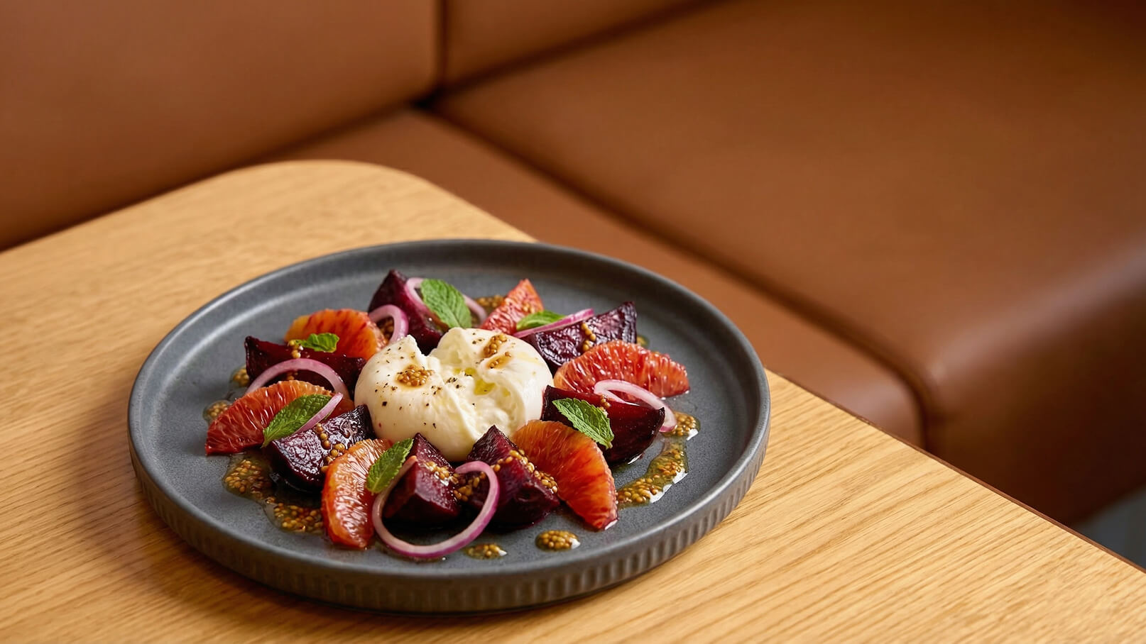 Ein schwarzes Teller mit einer ansprechenden Anordnung aus Roter Bete, Blutorange und roten Zwiebeln. In der Mitte befindet sich eine Kugel Burrata, garniert mit frischen Minzblättern und Senfkörnern. Der Hintergrund zeigt einen Holz-Tisch und eine gepolsterte Sitzgelegenheit.