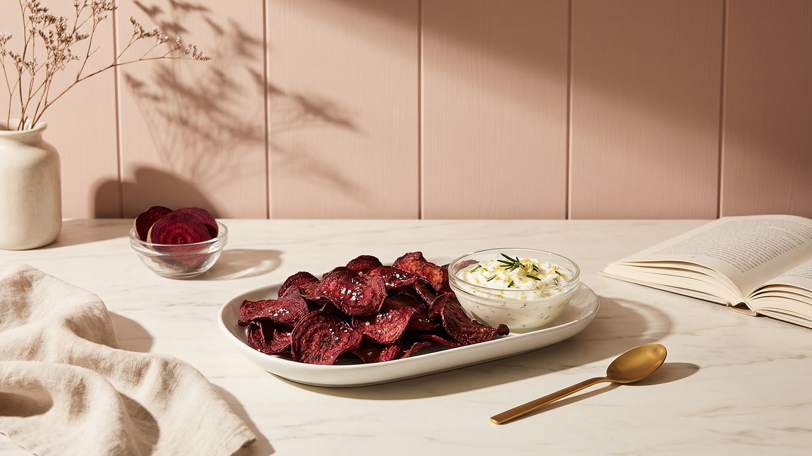Auf dem Bild sind knusprige Rote-Bete-Chips auf einem weißen Teller zu sehen, daneben ein Schälchen mit joghurtartigem Dip, garniert mit frischen Kräutern. Im Hintergrund liegt ein aufgeschlagenes Buch und es gibt eine elegante goldene Löffel. Der Tisch ist schlicht und hell.