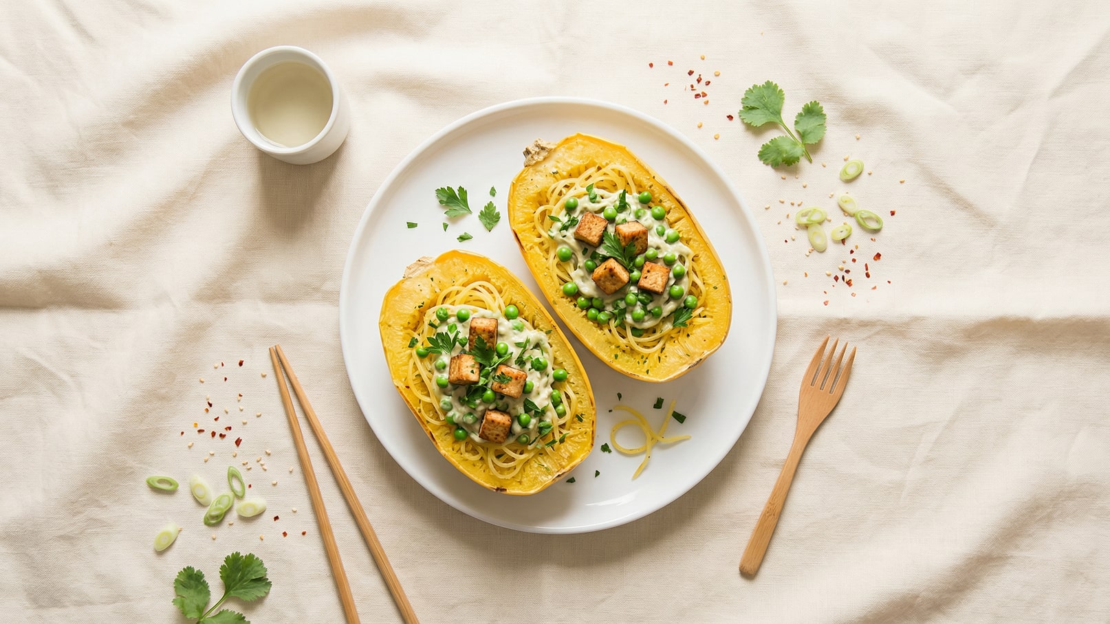 Ein Teller mit zwei halben Spaghettikürbissen, gefüllt mit Spaghetti, Erbsen und gewürfeltem Tofu. Die Speise ist mit frischen Kräutern garniert. Daneben liegen Essstäbchen und eine kleine Schale mit einer Flüssigkeit auf einem hellen Tuch.