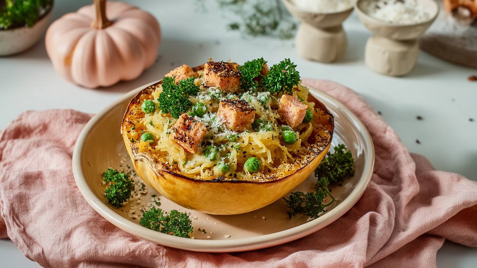 Ein gefüllter Hokkaido-Kürbis auf einem Teller, garniert mit frischer Petersilie. Im Inneren befinden sich Spaghetti-Kürbis, grüne Erbsen und knusprige Croutons. Der Teller steht auf einer rosa Serviette.