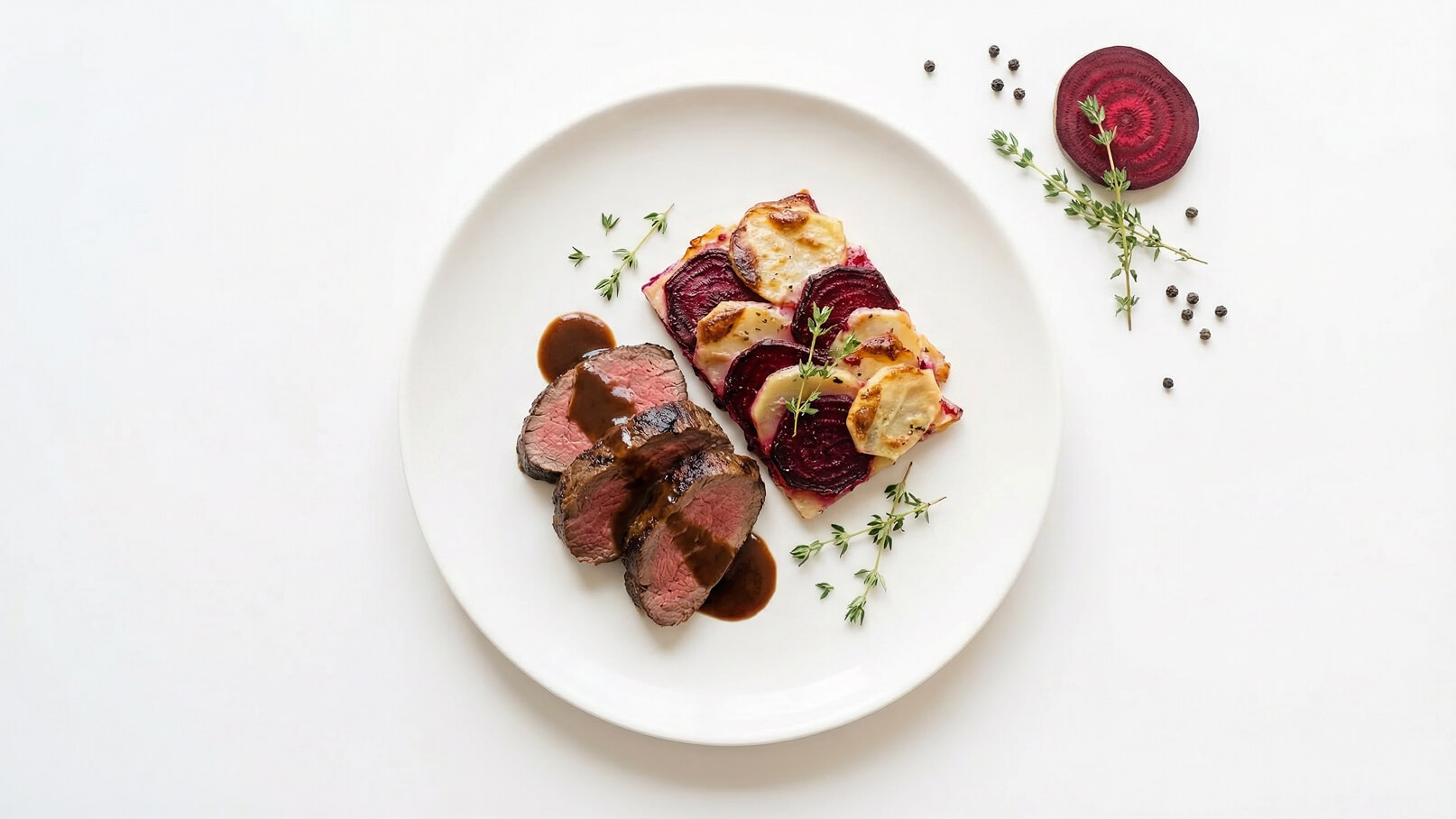 Ein Teller mit rosa gebratenem Fleisch, dünn geschnitten, garniert mit einer dunklen Sauce. Neben dem Fleisch liegt ein rechteckiges Gemüsegericht mit Rote Beete und Kartoffeln. Frische Kräuter wie Thymian sind dekorativ drapiert. Der Hintergrund ist schlicht und hell.