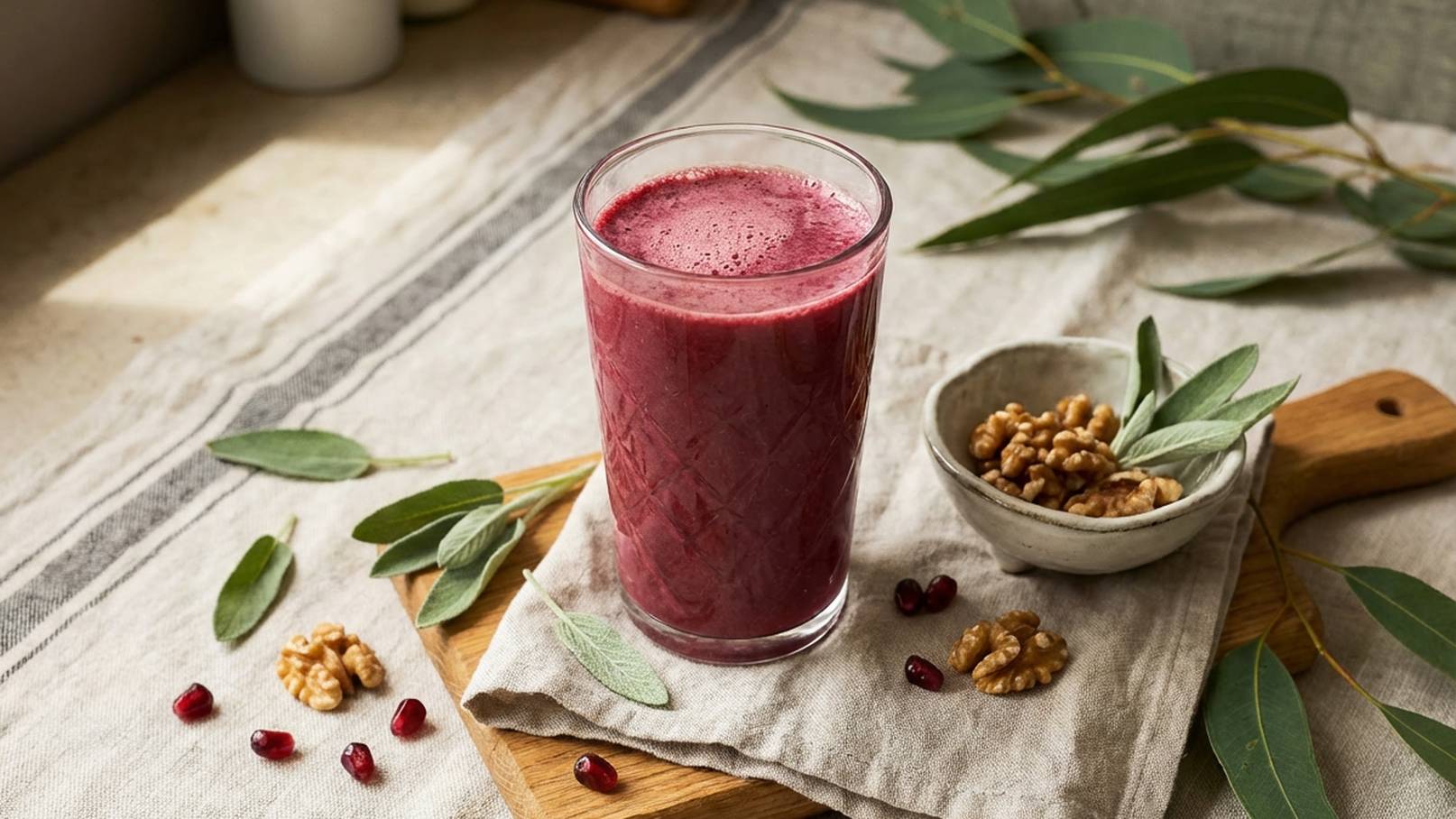 Ein Glas mit einem lila Smoothie steht auf einem Holzbrett. Daneben liegt eine kleine Schale mit Walnüssen und einigen Granatapfelkernen. Die Umgebung hat eine natürliche, frische Anmutung, unterstützt durch grüne Blätter im Hintergrund.