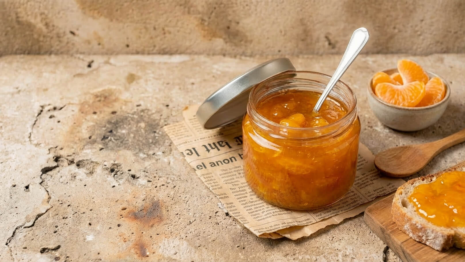 Ein Glas mit orangener Marmelade steht auf einem alten Zeitungsstück. Neben dem Glas liegt ein Holzlöffel und ein Stück Brot mit Marmelade. Im Hintergrund ist eine Schale mit Orangenschnitzen zu sehen. Der Untergrund ist schlicht und rustikal.