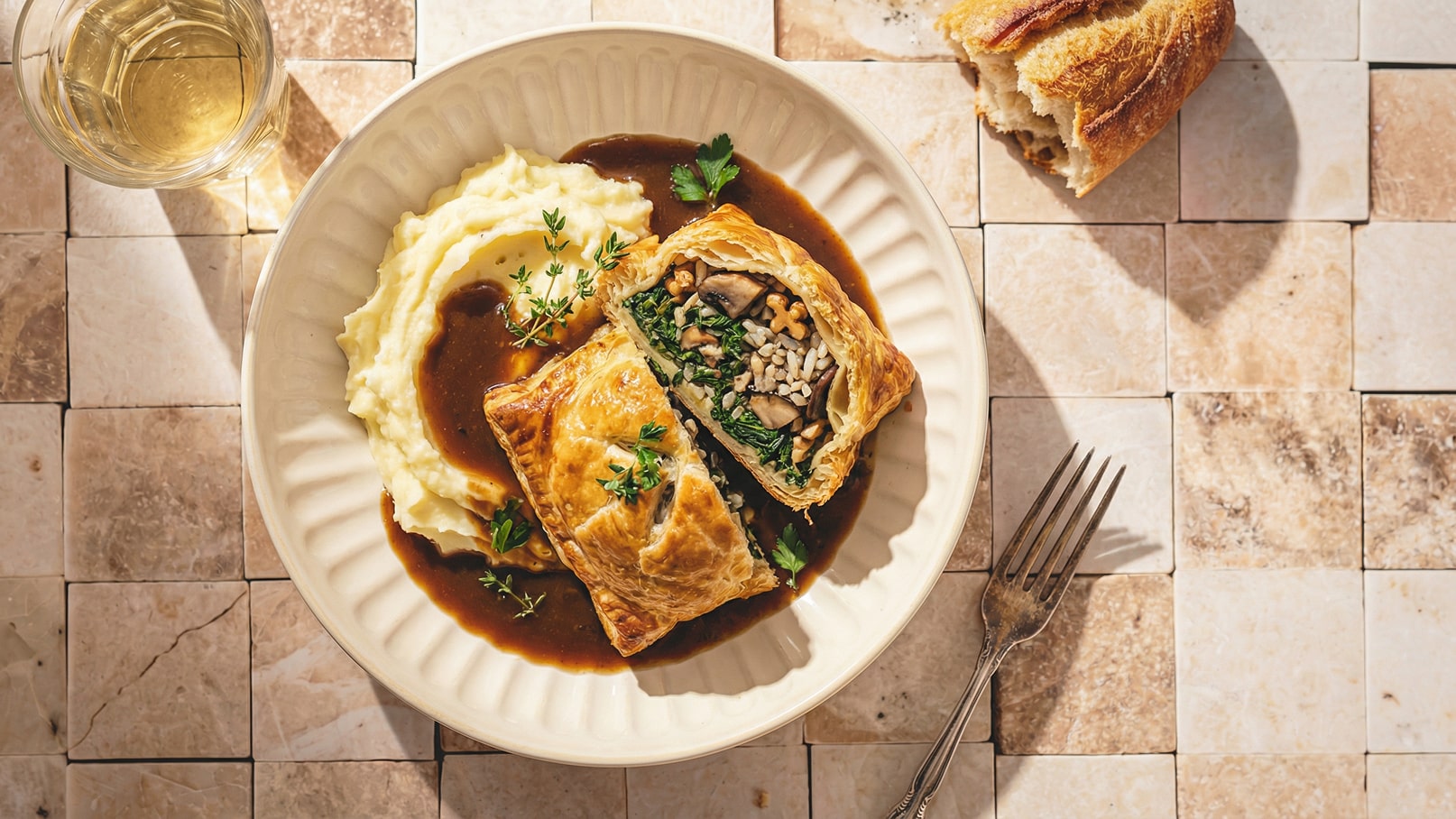 Eine Portion vegetarischer Wellington, gefüllt mit Spinat, Pilzen und Reis, liegt neben cremigem Kartoffelbrei in einer Schüssel. Die Speise ist mit einer braunen Sauce und frischen Kräutern garniert. Ein Gedeck mit einer Gabel und einem Stück Brot sind ebenfalls sichtbar.