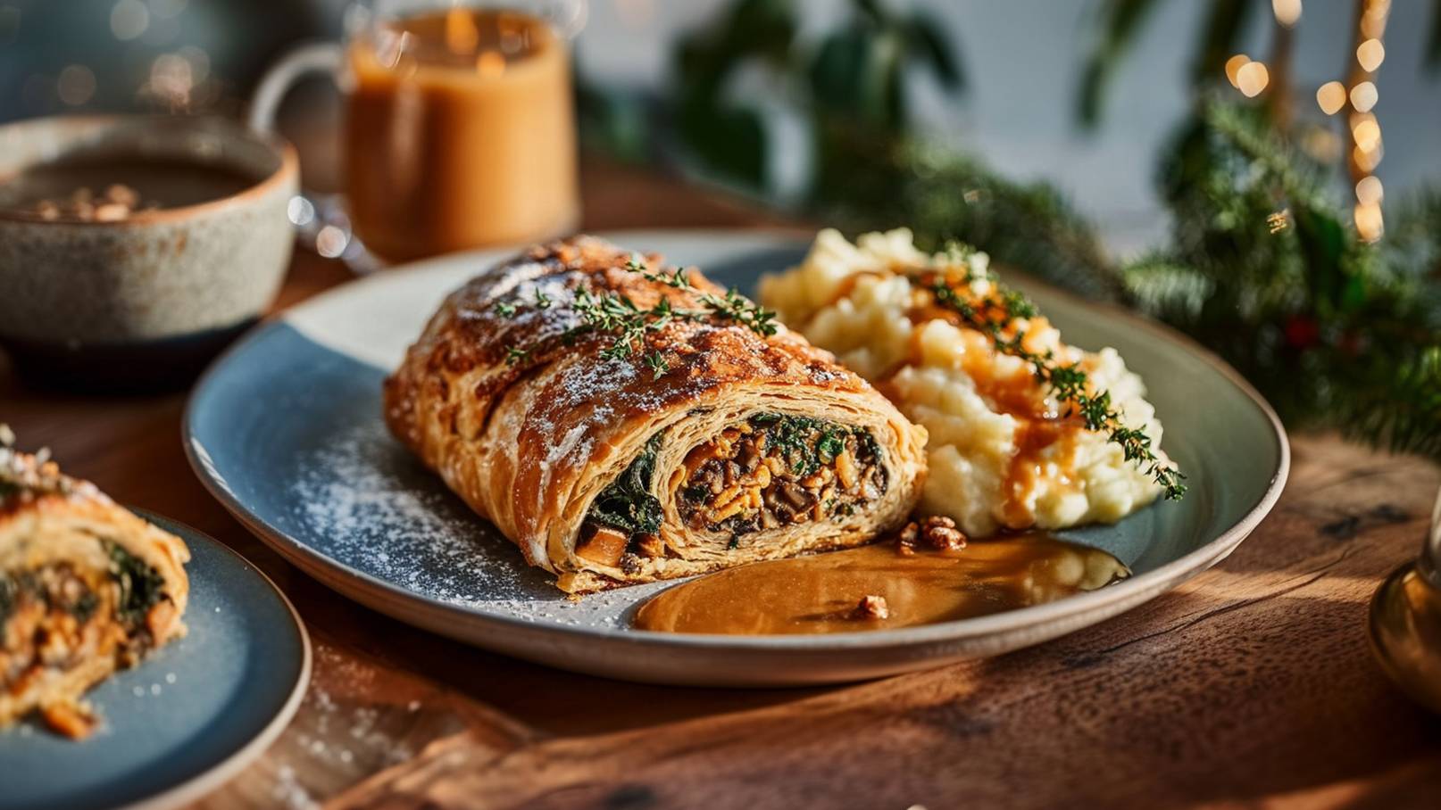 Ein Teller mit einem großen Stück Gemüse-Strudel, garniert mit Thymian. Daneben liegt ein Portion cremiger Kartoffelbrei, mit einer Soße überzogen. Im Hintergrund sind unscharf ein Glas und eine Tasse Kaffee zu erkennen.