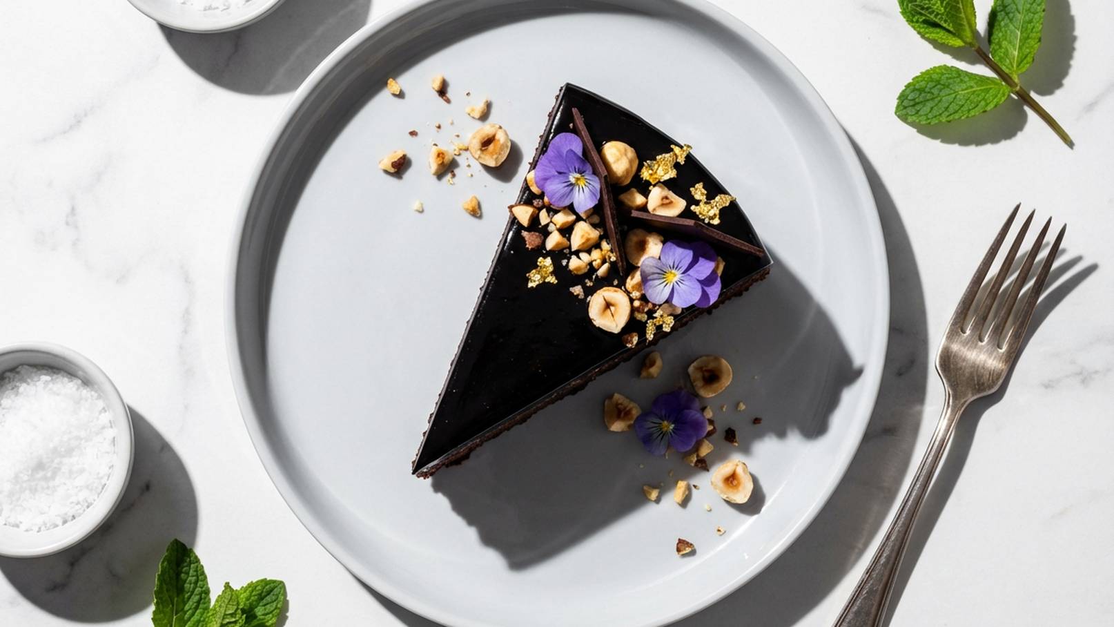 Ein Stück Schokoladentorte auf einem grauen Teller, dekoriert mit essbaren Blüten, gehackten Haselnüssen und goldenen Sprinkles. Neben dem Teller liegt eine Gabel. Im Hintergrund befinden sich frische Minzblätter und eine Schale mit Salz.