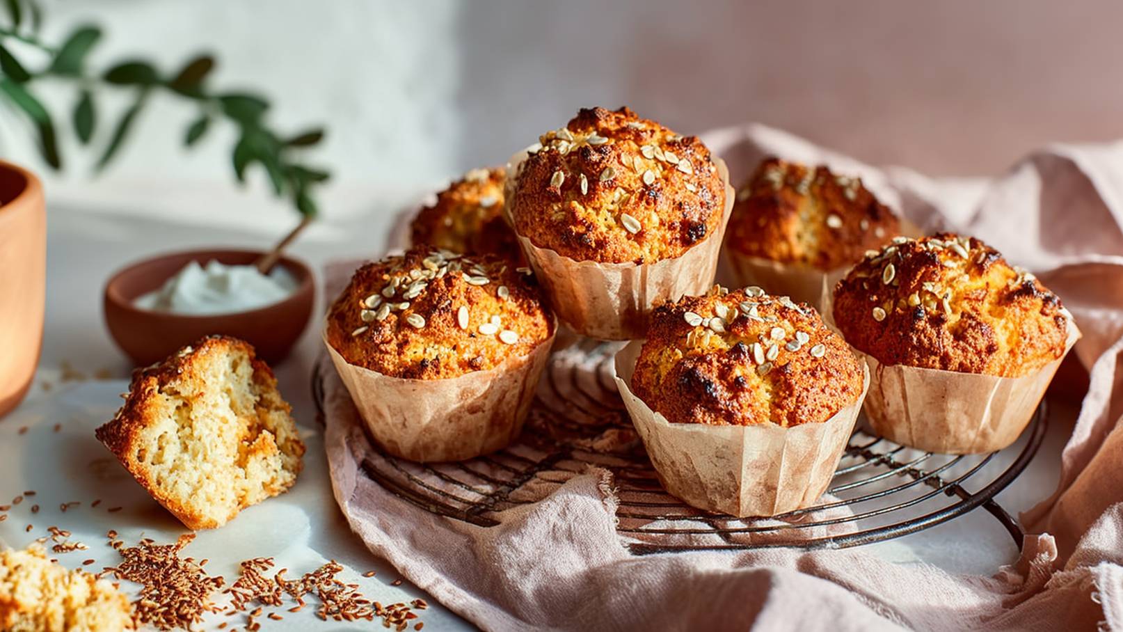 Sechs frisch gebackene Muffins mit Haferflocken und goldbrauner Kruste stehen auf einem Kuchengitter. Neben ihnen befindet sich ein kleiner Schüssel mit einer weißen cremigen Veredelung und ein Stück Muffin. Im Hintergrund eine sanfte, neutrale Farbpalette.