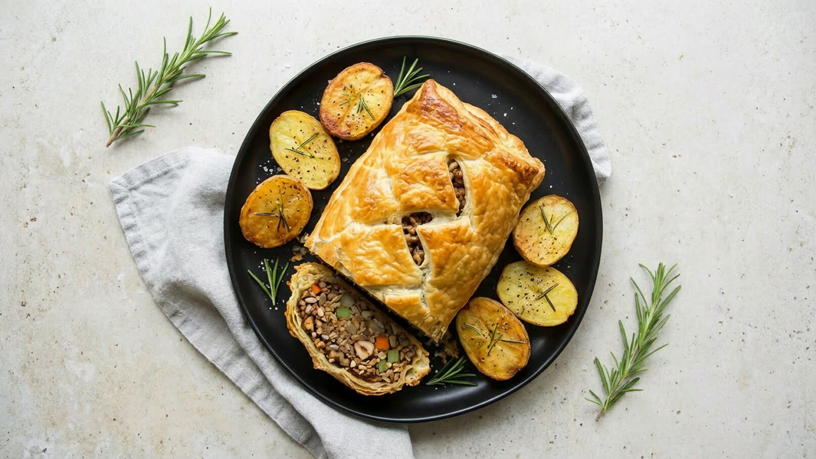 Ein schwarzes Teller mit einer Portion Teigpastete, die mit einer Füllung aus Nüssen und Gemüse gefüllt ist. Neben der Pastete liegen goldbraun gebratene Kartoffelscheiben. Einige Zweige Rosmarin sind dekorativ um das Gericht angeordnet.