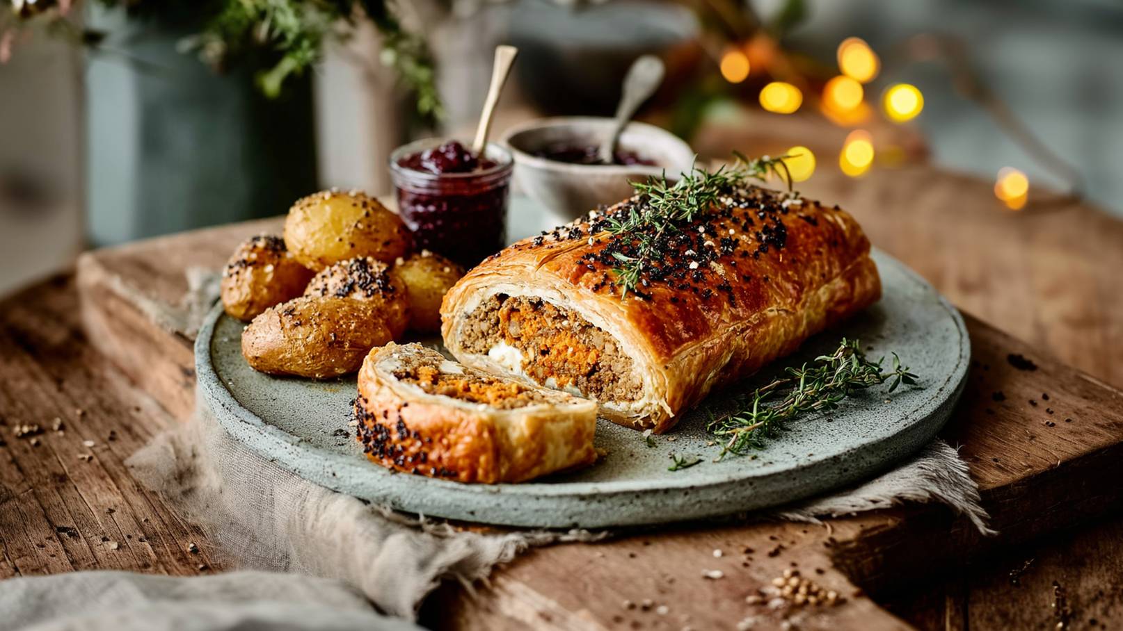 Ein gefüllter Blätterteigstrudel liegt auf einem grauen Teller. Die Füllung besteht aus einer pikanten Mischung, oben mit Schwarzkümmel und frischem Thymian garniert. Daneben befinden sich kleine, geröstete Kartoffeln und zwei Gläser mit verschiedenen Soßen.