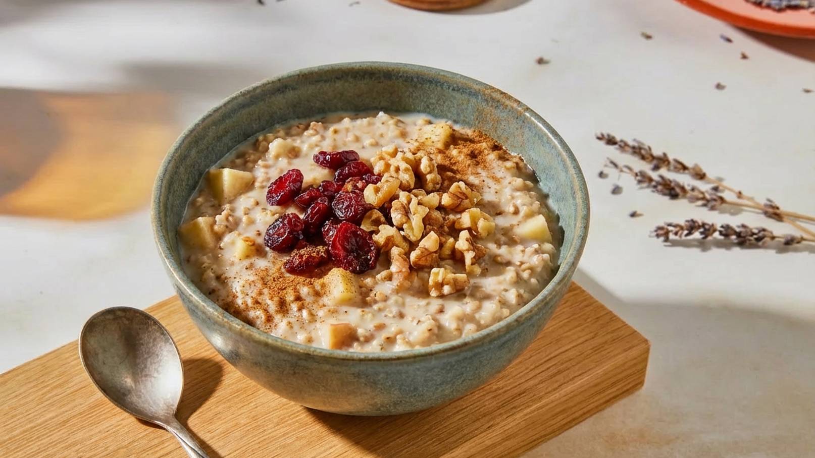 Eine Schüssel Haferbrei auf einem Holzbrett, garniert mit Apfelstücken, getrockneten Cranberries, gehackten Walnüssen und einer Prise Zimt. Der Haferbrei hat eine cremige Konsistenz und die Zutaten verleihen ihm Farbe und Textur.