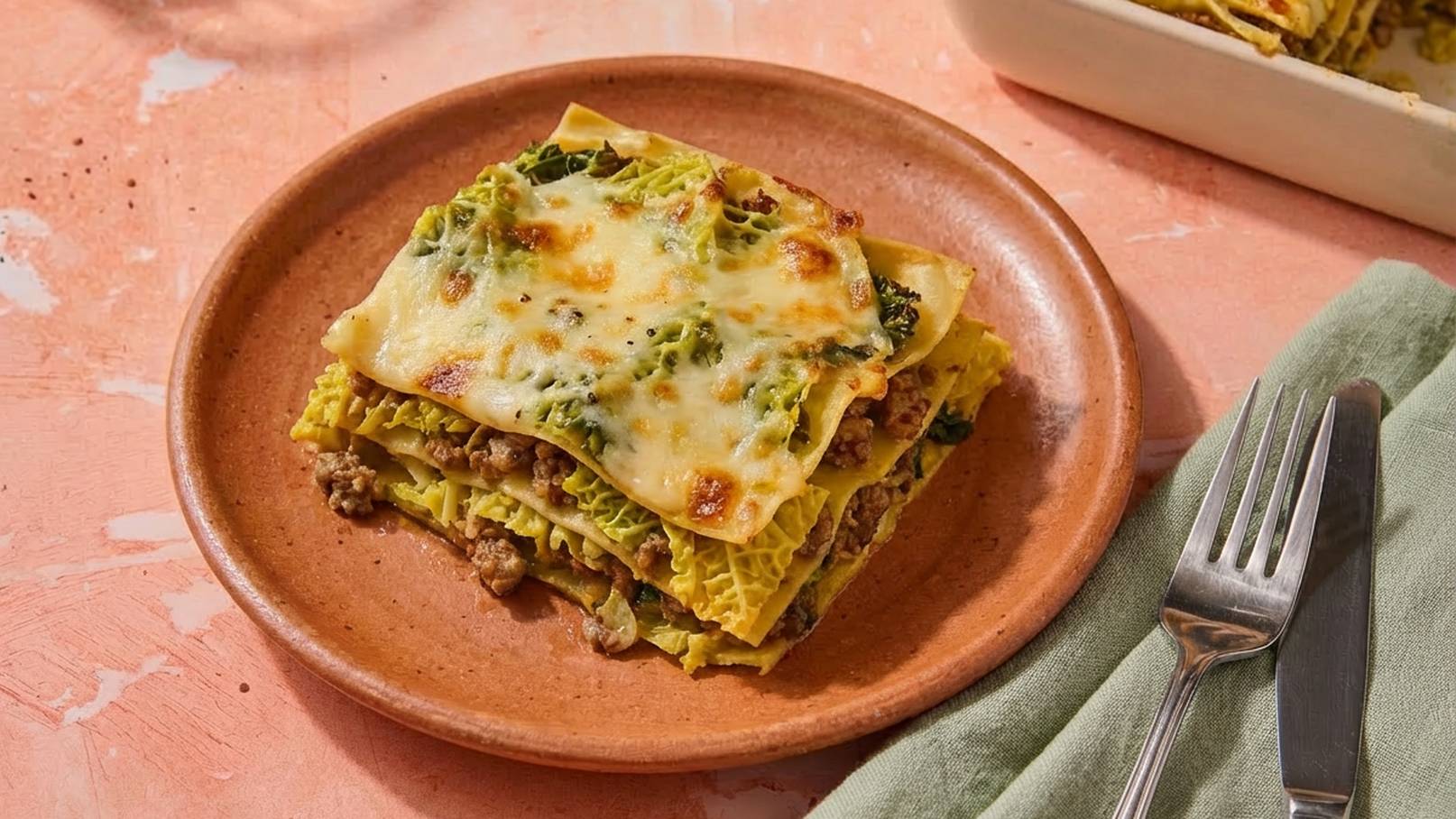 Ein Teller mit aufeinander geschichteten Lasagneplatten, gefüllt mit Hackfleisch und Gemüse. Die oberste Schicht ist mit geschmolzenem Käse überbacken und zeigt goldbraune Flecken. Im Hintergrund sind Besteck und eine servierfertige Lasagne sichtbar.