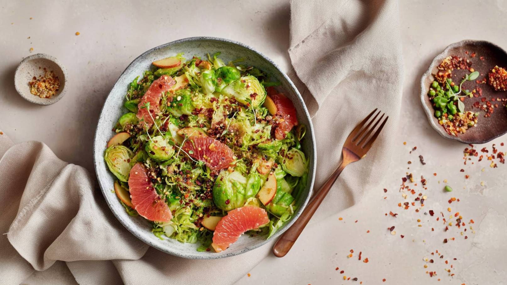 Eine Schüssel mit einem bunten Salat aus Rosenkohl, Apfelscheiben und Grapefruit. Der Salat ist mit Kräutern und Gewürzen garniert. Daneben liegt eine kleine Schale mit Gewürzen und eine Gabel. Der Hintergrund ist neutral und hell.