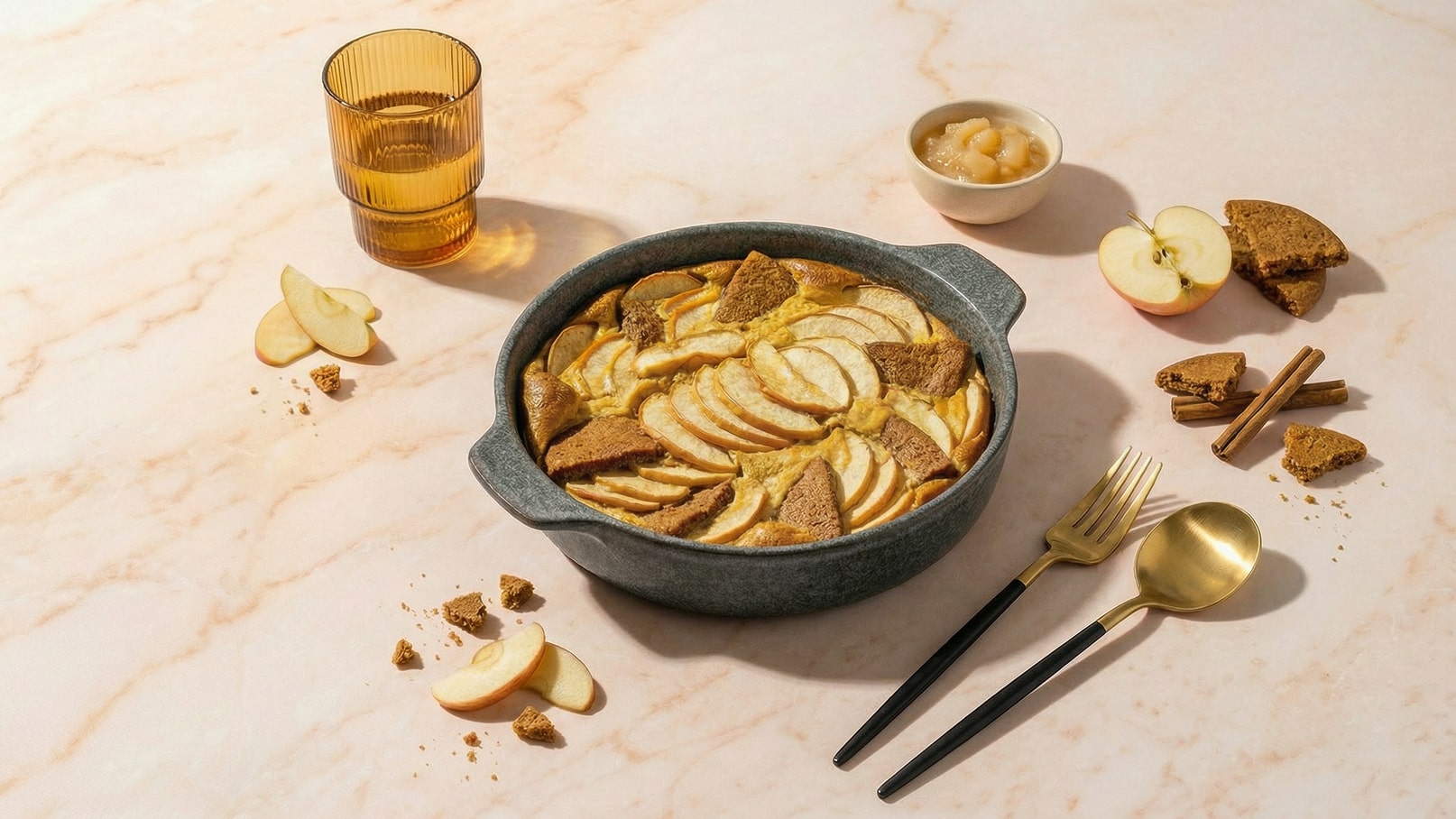 Ein graues, rundes Geschirr mit Apfelauflauf, belegt mit dünn geschnittenen Äpfeln und Lebkuchenstücken. Neben dem Gericht liegen einige Apfelscheiben, zerbröckelter Lebkuchen und Zimtstangen. Ein orangefarbenes Glas und ein kleines Schälchen mit Apfelmus sind ebenfalls zu sehen.