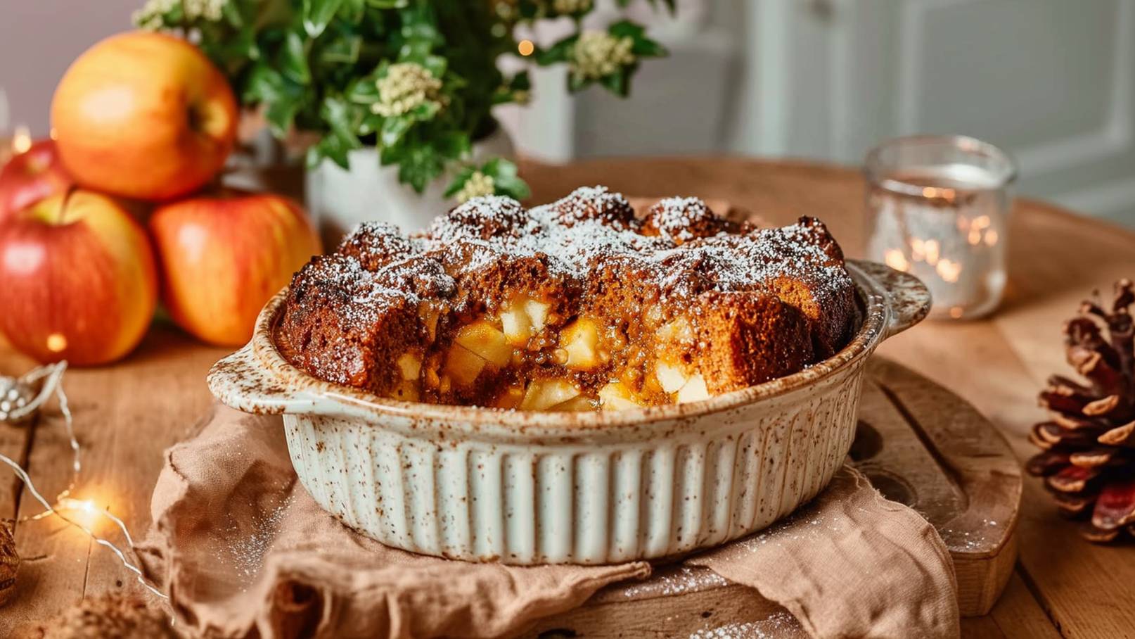 Eine frisch gebackene Apfeltorte in einer weißen, ribbeligen Auflaufform. Die Torte hat eine goldbraune Oberfläche, bestäubt mit Puderzucker. Im Hintergrund sind einige rote Äpfel und eine grüne Pflanze zu sehen, die eine angenehme Atmosphäre schaffen.
