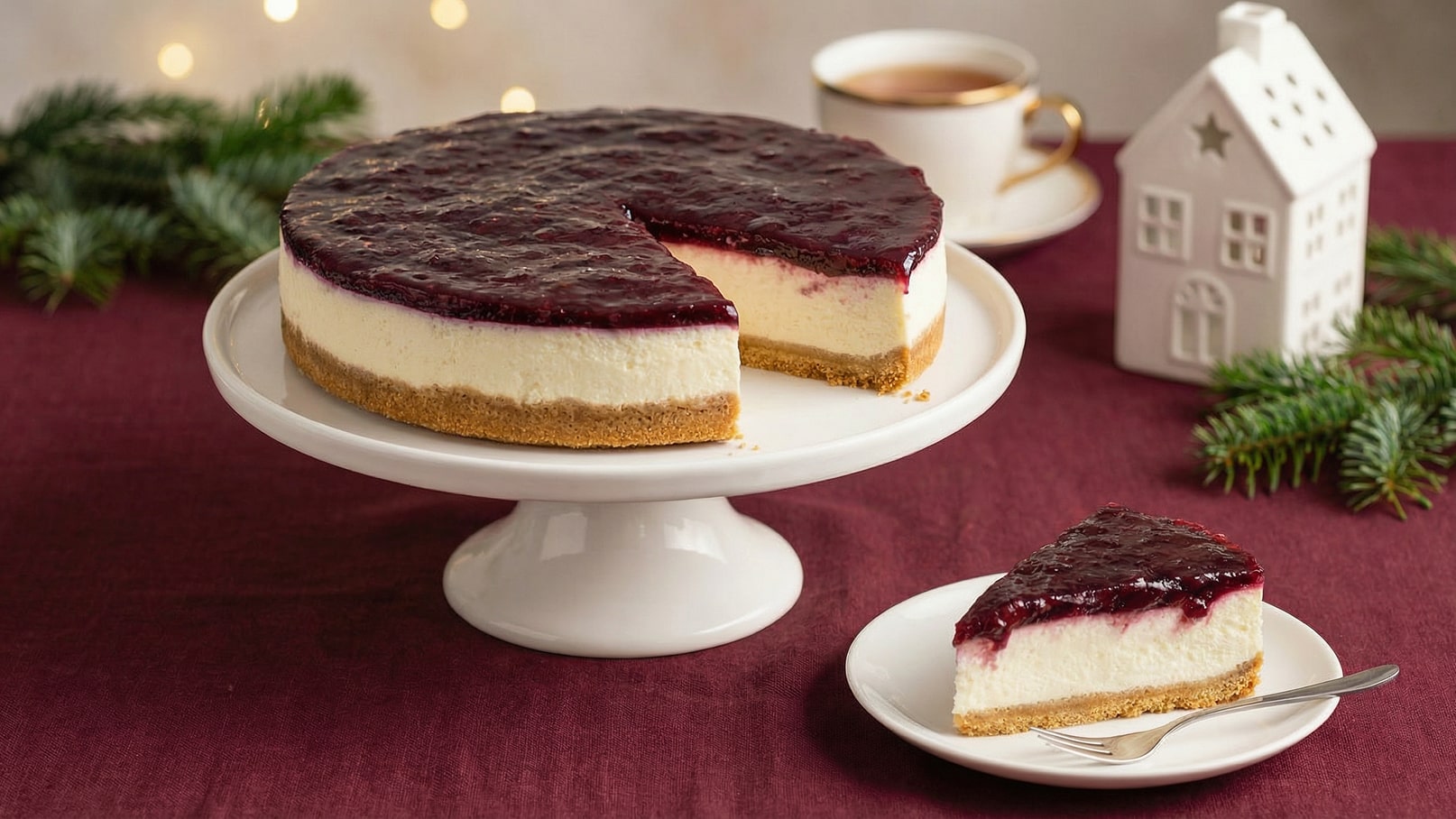 Ein Käsekuchen mit roter Fruchtsoße auf einem weißen Tortenständer. Ein Stück des Kuchens ist auf einem kleinen Teller abseits gestellt, daneben liegt eine Gabel. Der Hintergrund ist festlich, mit einem roten Tischtuch und einigen grünen Tannenzweigen.
