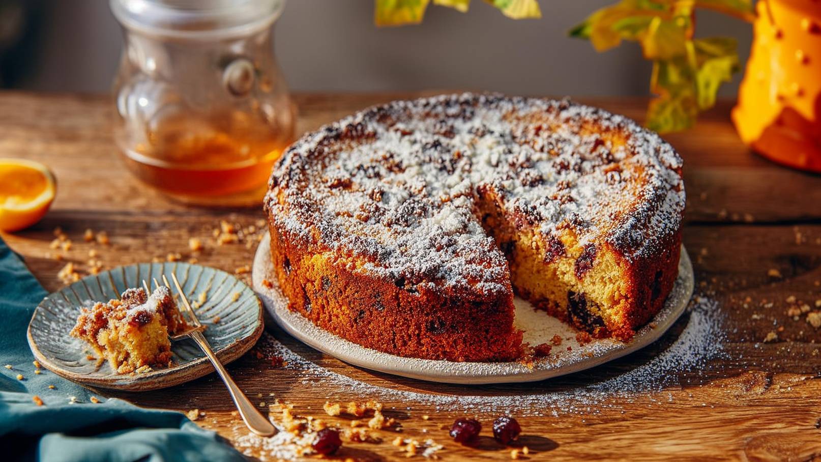 Ein frisch gebackener Kuchen mit einer goldbraunen Kruste, bestäubt mit Puderzucker. Ein Stück wurde herausgeschnitten und auf einem blauen Teller serviert. Dazu liegt eine Gabel. Im Hintergrund sind einige Zutaten und die Holzoberfläche sichtbar.