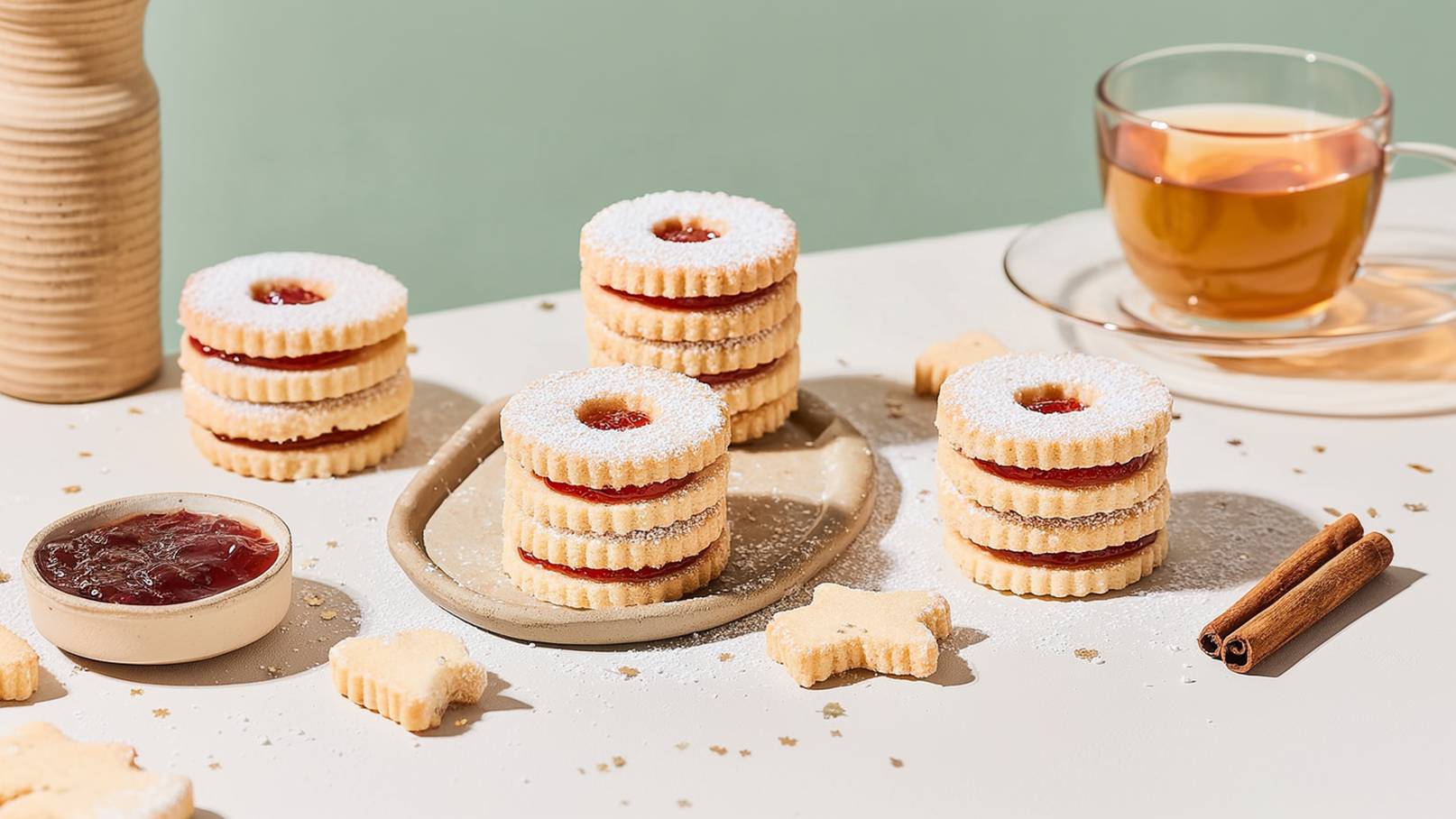 Auf dem Bild sind mehrere Stapel von Keksen mit Marmelade zu sehen, die mit Puderzucker bestreut sind. Daneben befindet sich ein kleiner Teller mit Marmelade und einige starförmige Kekse. Im Hintergrund steht eine Tasse Tee.