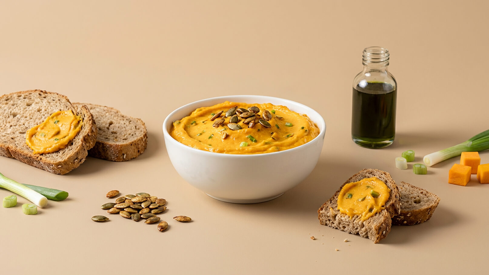 Eine Schüssel mit cremigem Kürbispüree, garniert mit Kürbiskernen und Frühlingszwiebeln. Daneben befinden sich Scheiben von dunklem Brot, einige mit Püree bestrichen, sowie ein Fläschchen mit Öl und einige kleine Stücke Kürbis. Der Hintergrund ist in einem neutralen Farbton.