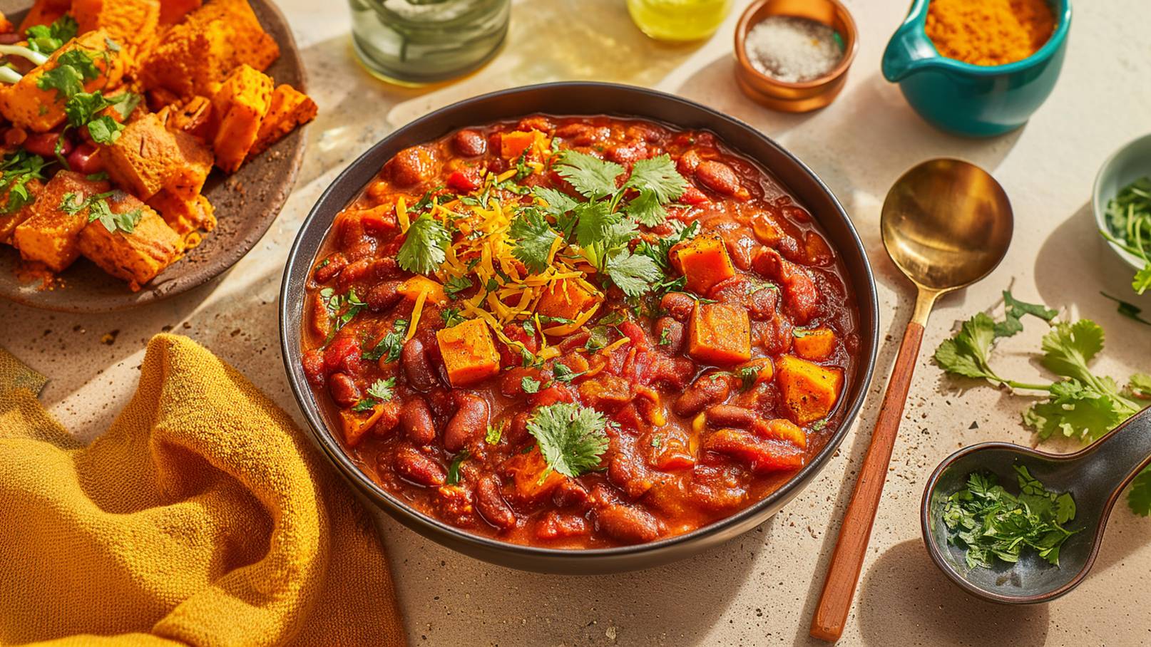 Eine Schüssel mit Chili, gefüllt mit roten Bohnen, Süßkartoffelstücken, Koriander und geriebenem Käse. Daneben ein Teller mit gewürztem Tofu und frischem Koriander. Eine goldene Löffel und weitere Gewürze liegen in der Nähe. Das Gericht ist appetitlich angerichtet und strahlt Farbe und Frische aus.