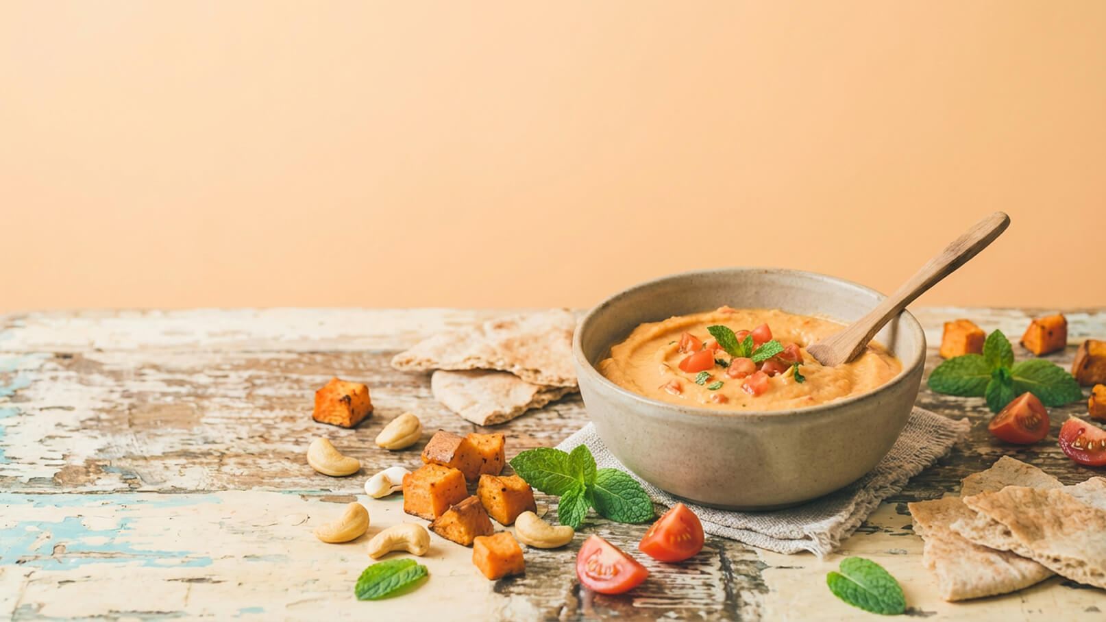 Eine Schüssel mit cremigem Dip, garniert mit frischen Kräutern und Tomatenstücken, steht auf einem rustikalen Holztisch. Um die Schüssel liegen Stücke von geröstetem Gemüse, Nüssen und Fladenbrot. Der Hintergrund ist in sanften, warmen Tönen gehalten.