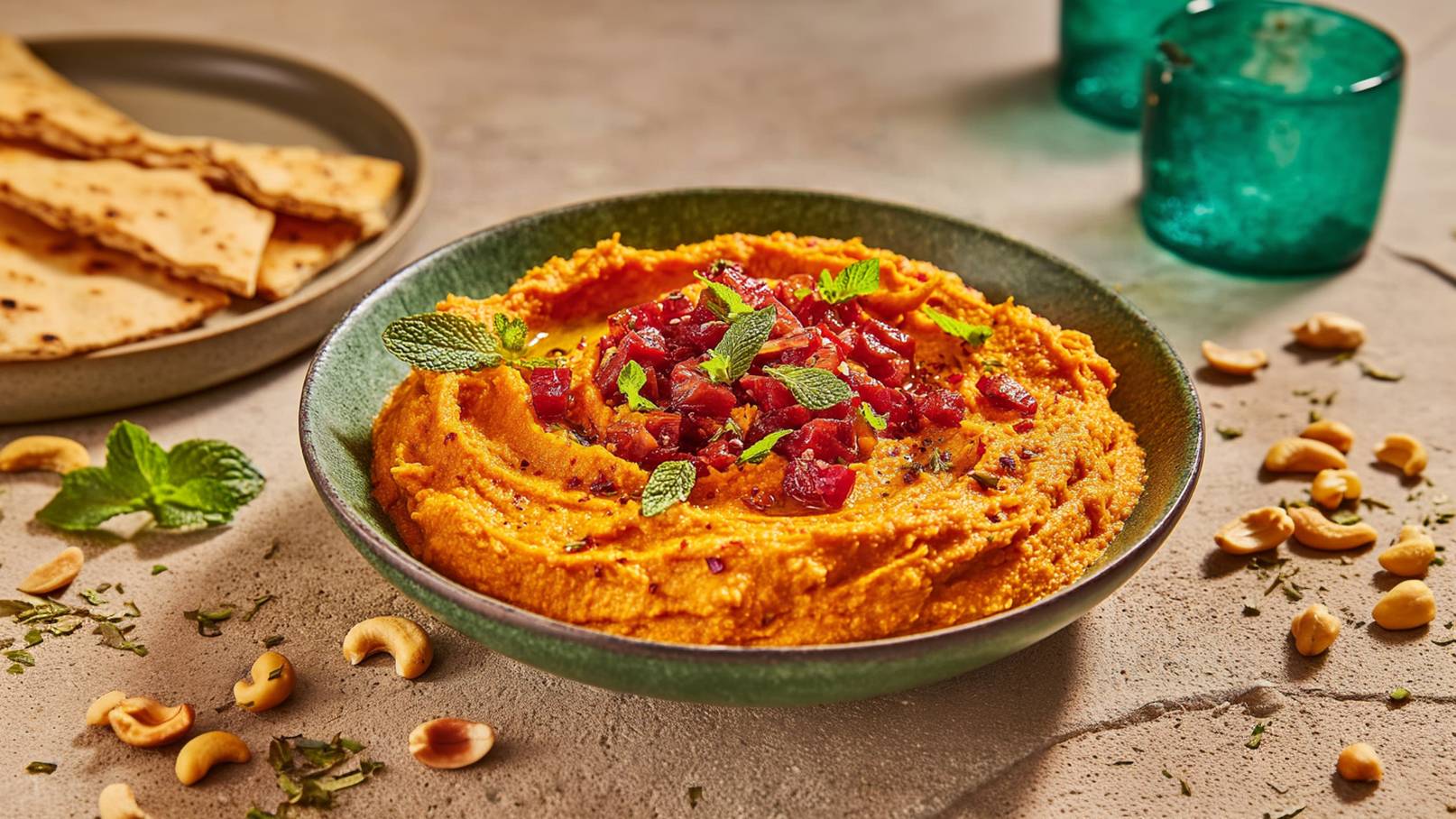 Eine Schüssel mit leuchtend orangefarbener Hummus, garniert mit gehackten Kräutern und roten Zutaten. Daneben liegt ein Teller mit knusprigem Fladenbrot und Cashewkernen auf einem neutralen Untergrund.