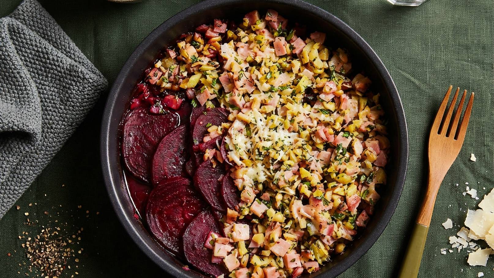 Eine Schüssel mit einem herzhaften Gericht, das aus geschnittenen Rüben und einer Mischung aus gekochtem Reis, Fleischstücken, Kräutern und Gemüse besteht. Die Zutaten sind liebevoll angerichtet und die Farben sind appetitlich. Daneben liegt eine Holzgabel.